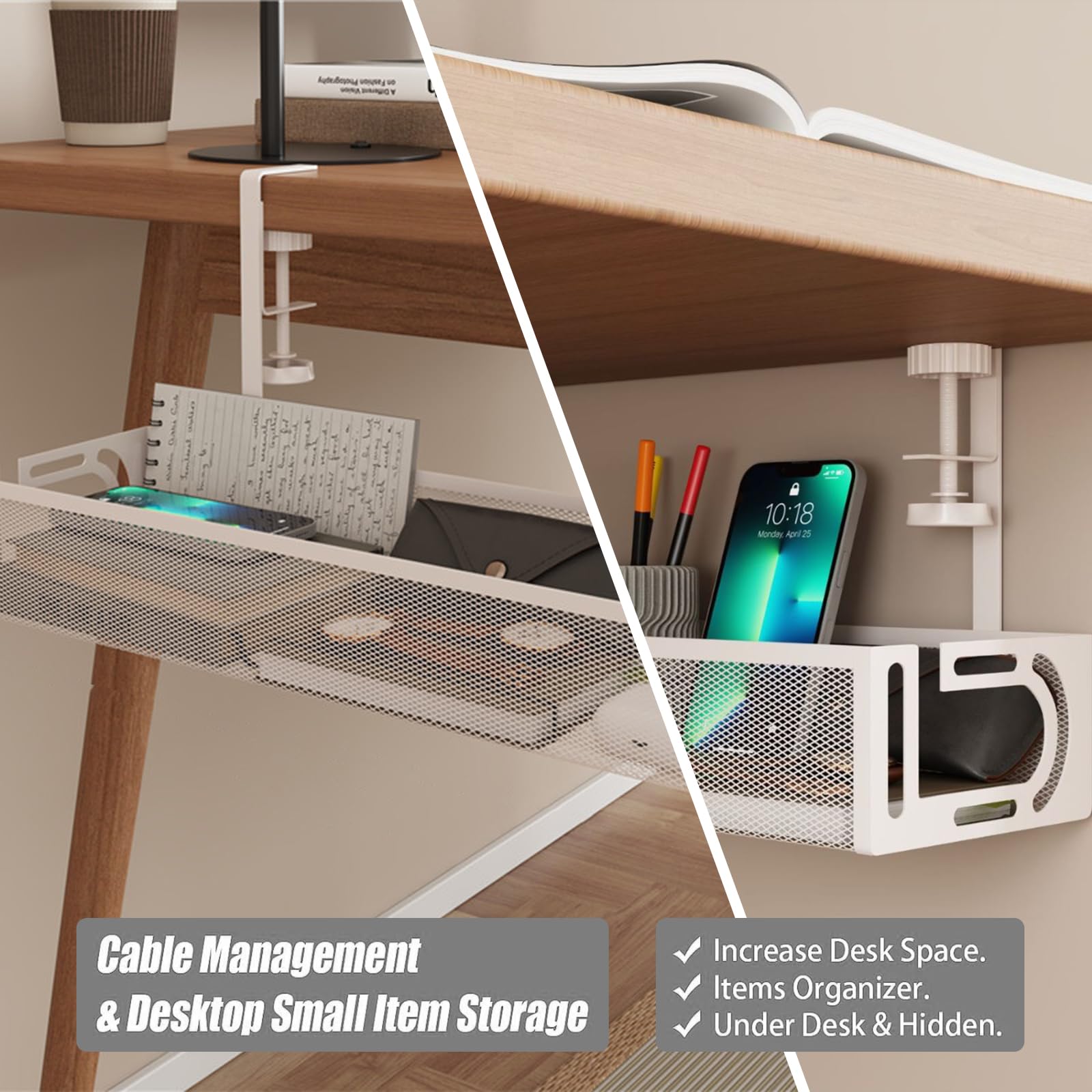 Kabelmanagement Unter dem Schreibtisch – Ohne Bohren, Erweiterbar, Kabelkanal Organizer für Schreibtisch, Tisch Kabelhalter, Flexibel, Aus hochwertigem Stahl, Weiß (Packung mit 2)
