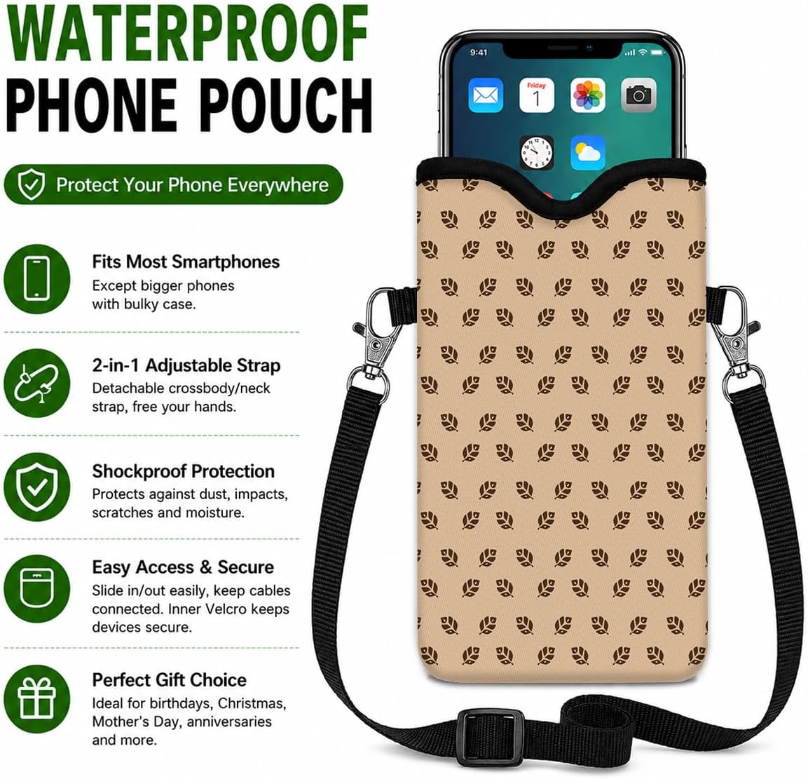 Neoprene Phone Sleeve Pouch Case Bag with Crossbody Strap, Brown Leaves image 2