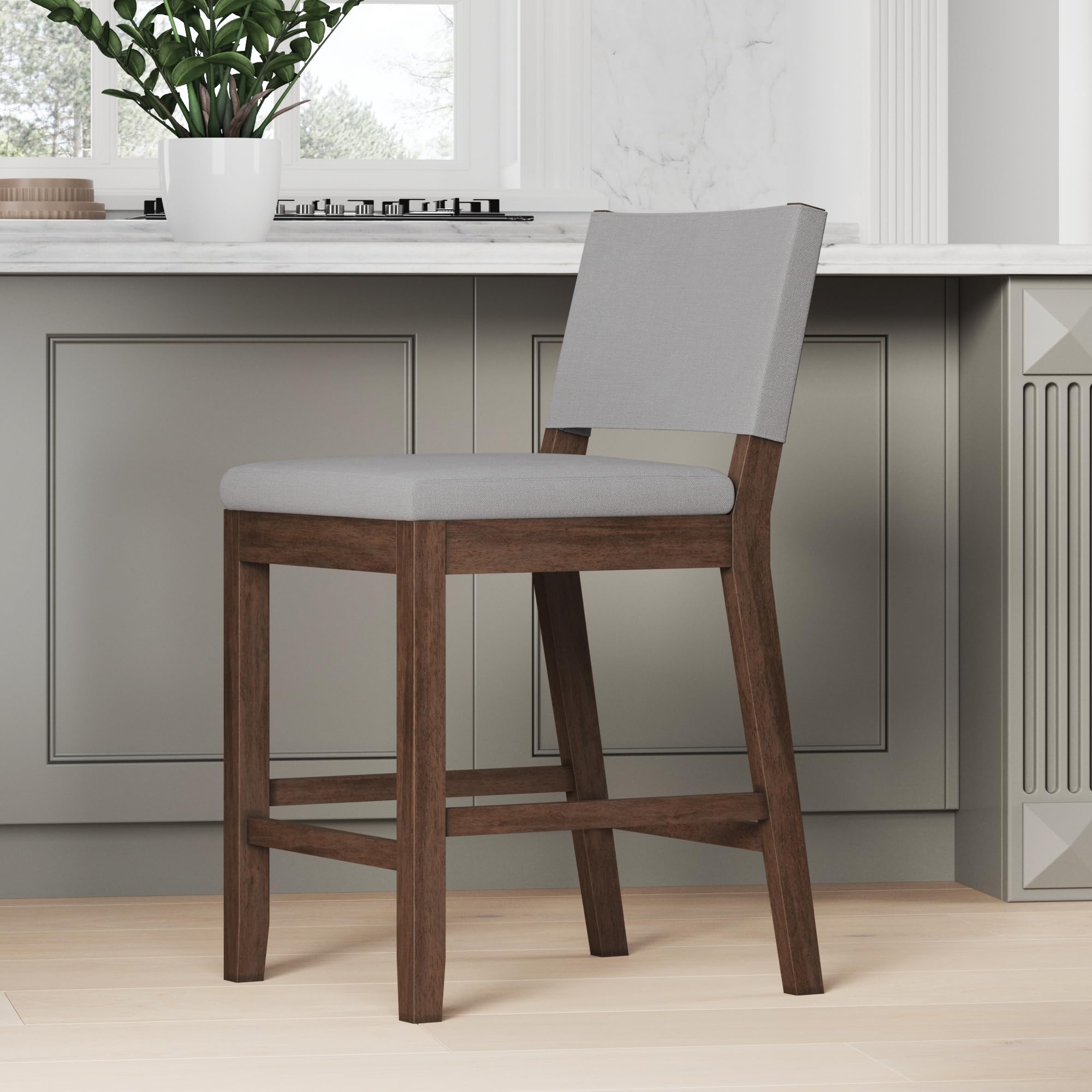 Nathan James Linus Modern Upholstered Counter Height Bar Stool with Back and Solid Rubber Wood Legs Dark Brown Wood Natural Light Gray/Brown