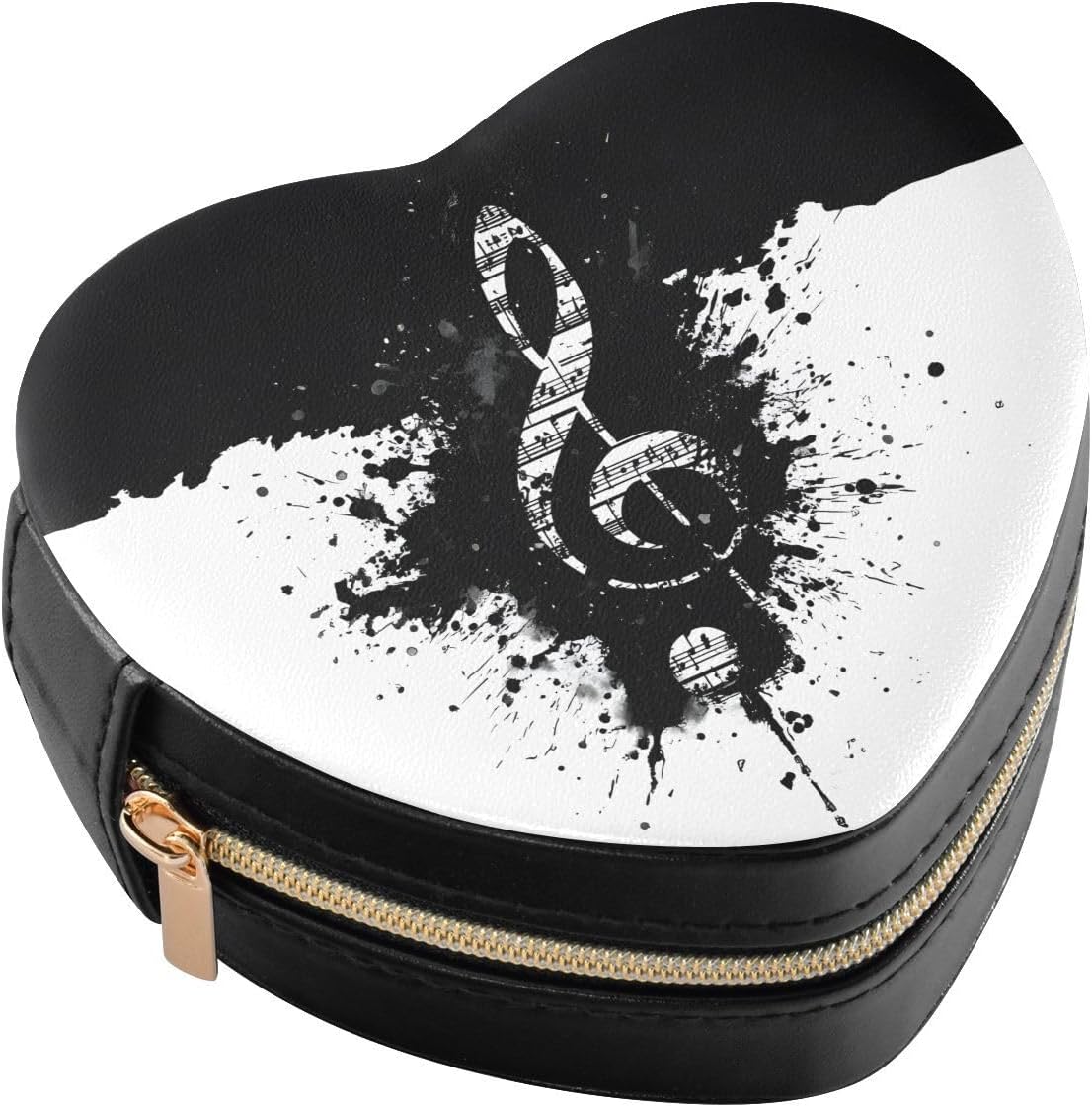 OTVEE Music Note Black Blot Small Travel Jewelry Case Portable Heart-Shaped Mini Ring Earring Storage Case