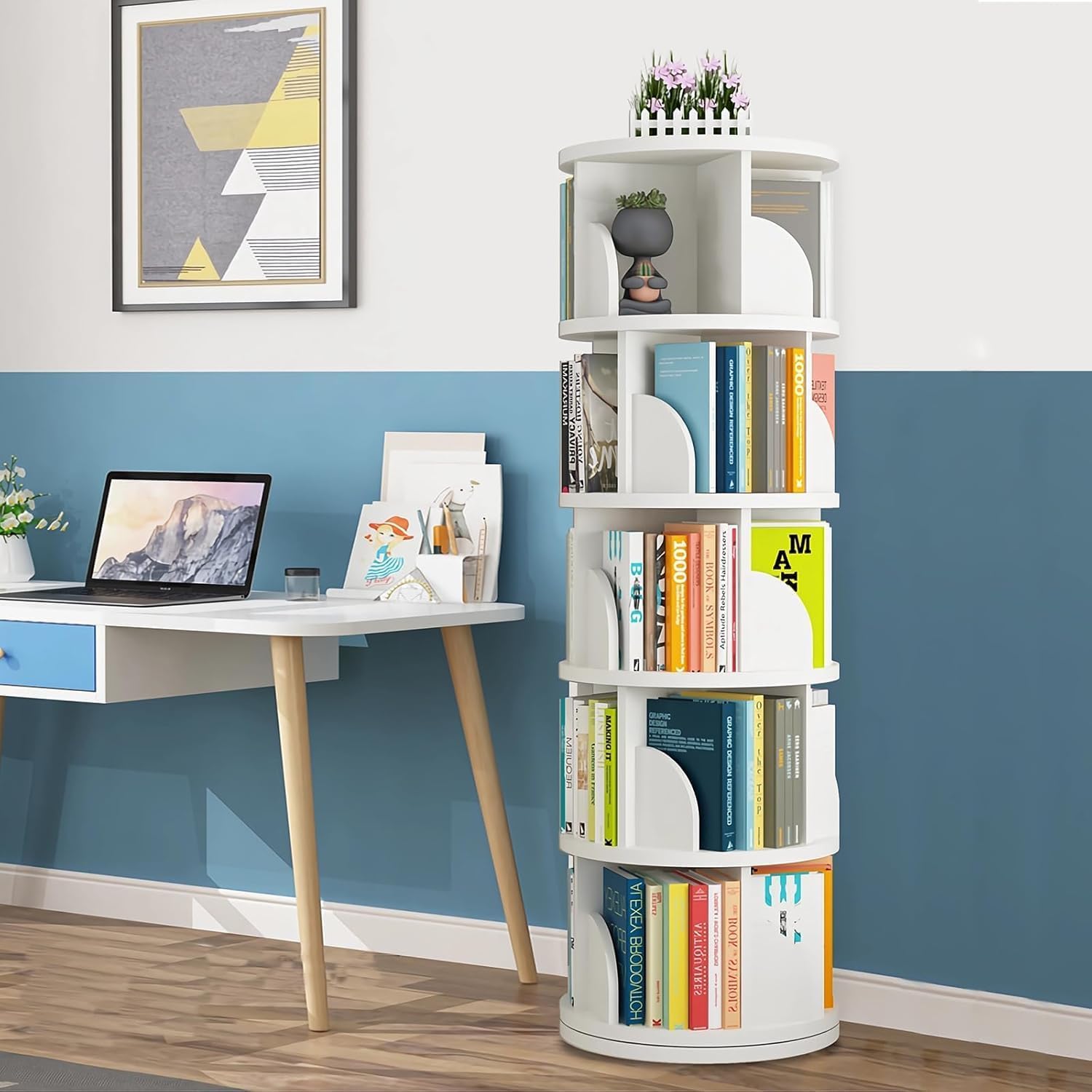 uyoyous Bibliothèque Rotative 360° à 5 Niveaux, Étagère Ronde Gain de Place en Bois d'Hévéa, avec Pare-Chocs Anti-Chute, pour Salon, Chambre, Bureau, Chambre d'enfant, Style Moderne