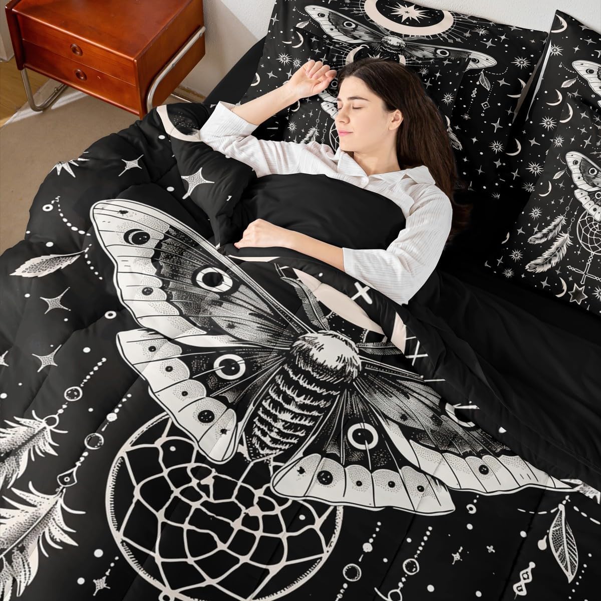 Erosebridal Moon Feather Stars 7 Piece Bedding Set Queen Moth Dream Catcher Comforter Set with Sheets Ring Mysterious Bed in a Bag Dreamy Bohemian Art