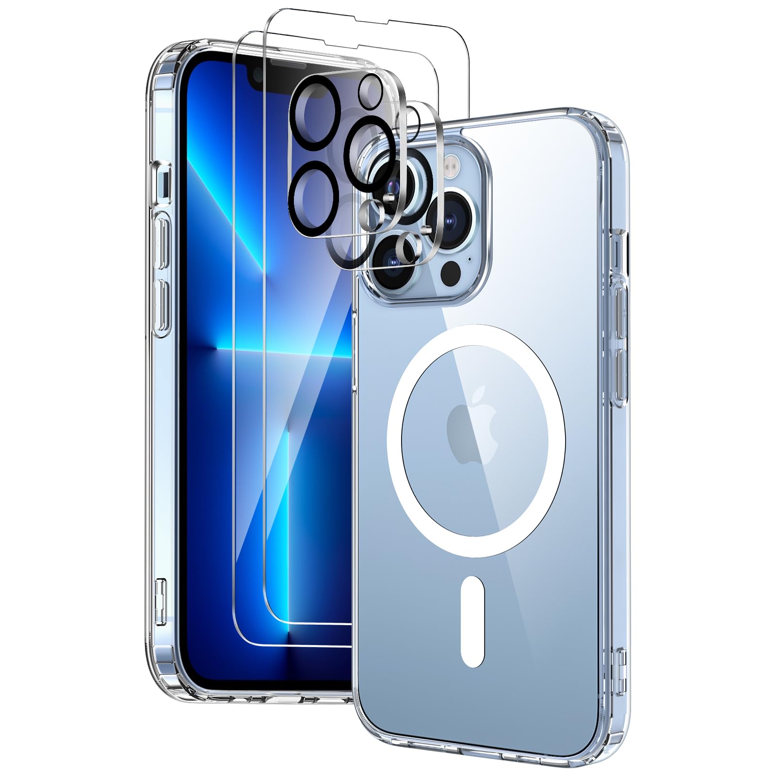 COPIKE Cover Magnetica per iPhone 13 Pro con 2 Vetro Temperato e 2 Lente Fotocamera Protezione, Custodia MagSafe Sottile Antiurto [Senza Ingiallimento] Retro Antigraffio, Trasparente