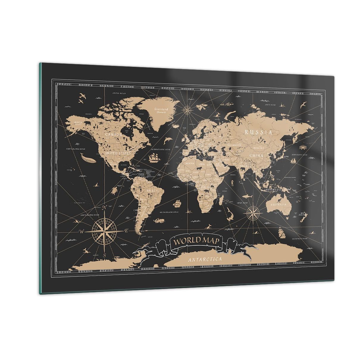 ARTTOR Dekoracja ścienna Salon Świat Mapa Vintage Retro Obraz na szkle 120x80cm Nowoczesny Sypialnia Kuchnia Deko Obraz szklany Duży XXL Obrazy Art Foto Wall Decor Glass GAA120x80-5430