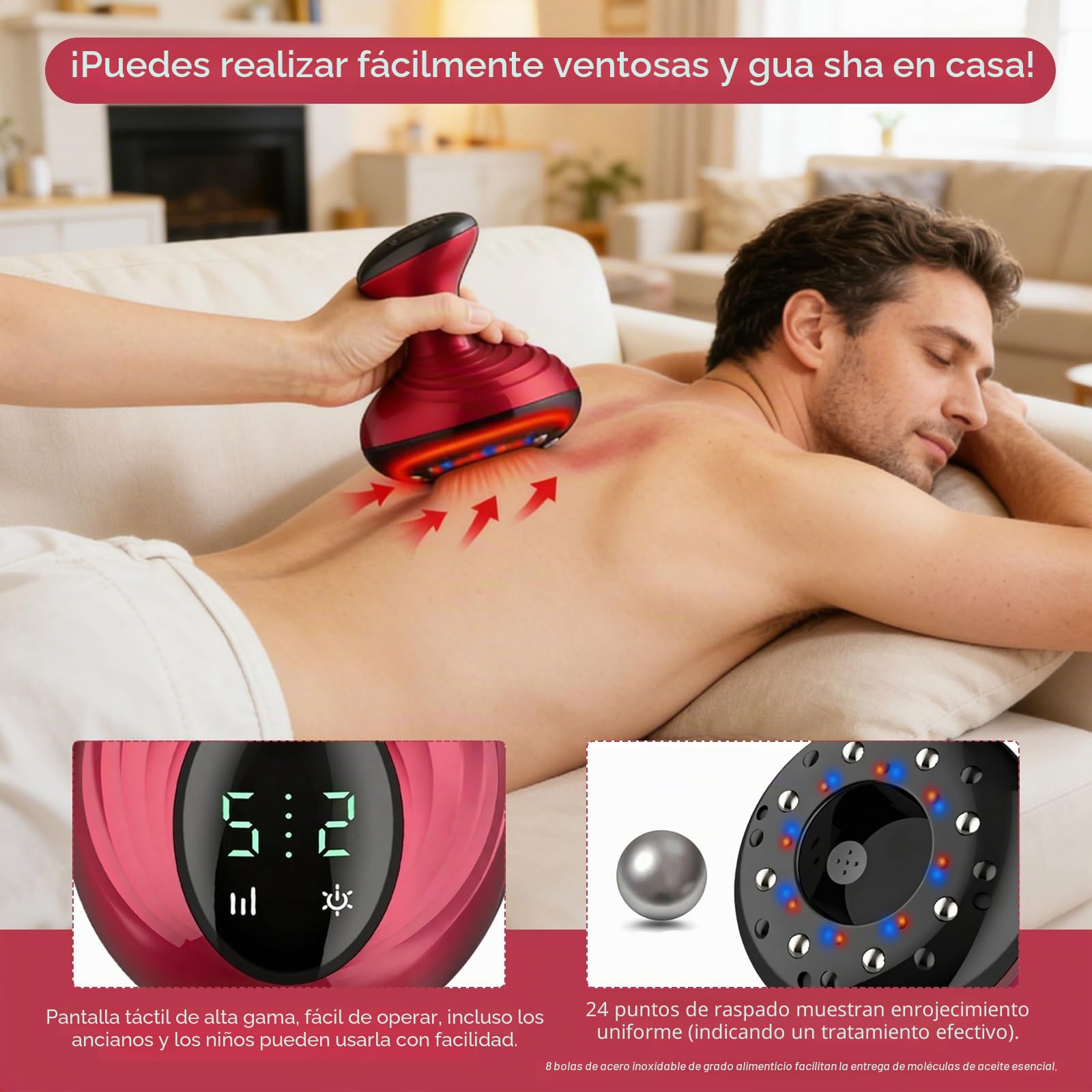 Masajeador eléctrico con ventosa, 24 puntos de succión, 9 niveles de succión, 8 puntos de infrarrojos rojos, función de calentamiento, cepillo meridiano y masaje de raspado, adecuado para abdomen