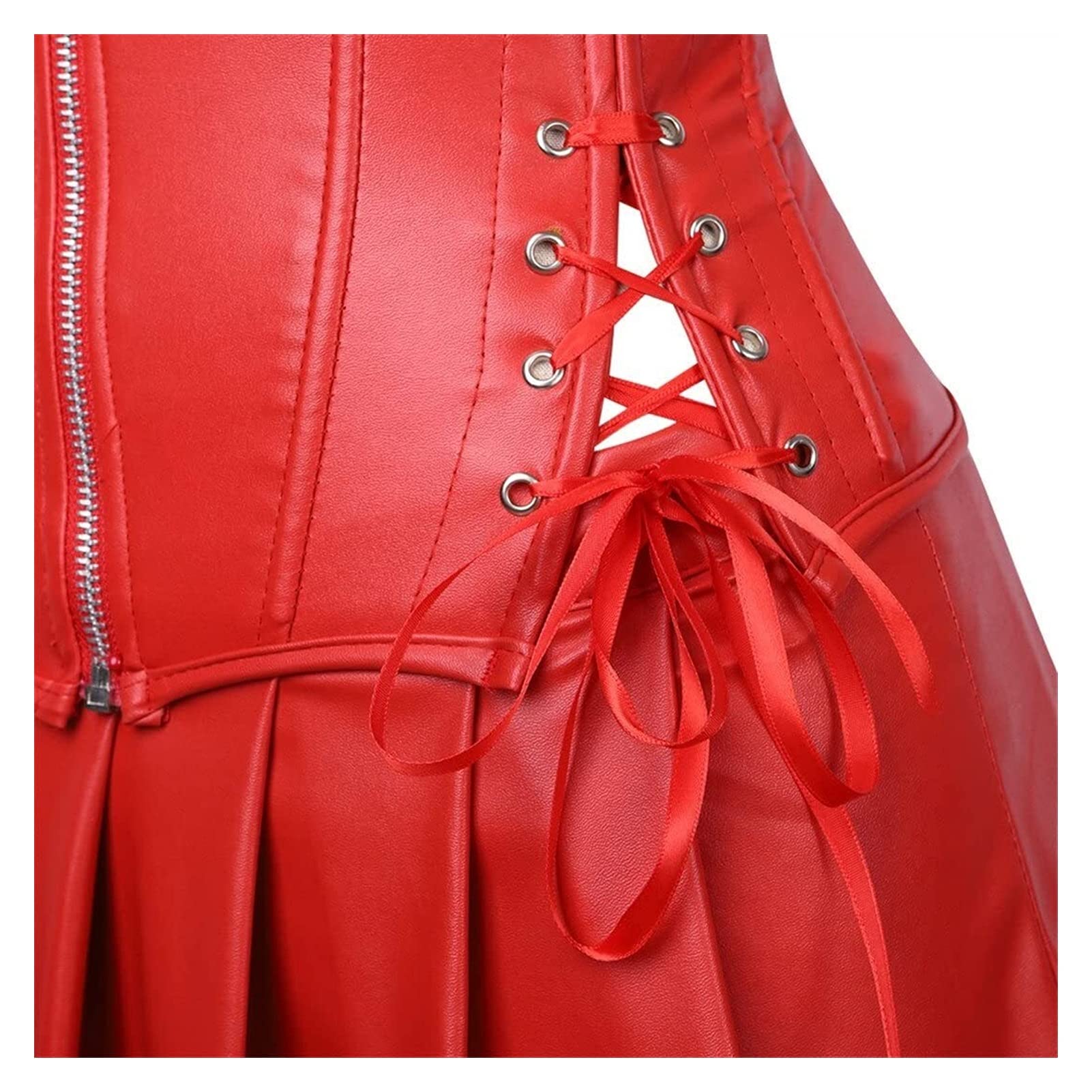 Corset en simili cuir punk rock pour femme avec jupe rétro goth ceinture cincher basque bustier, Rouge, L