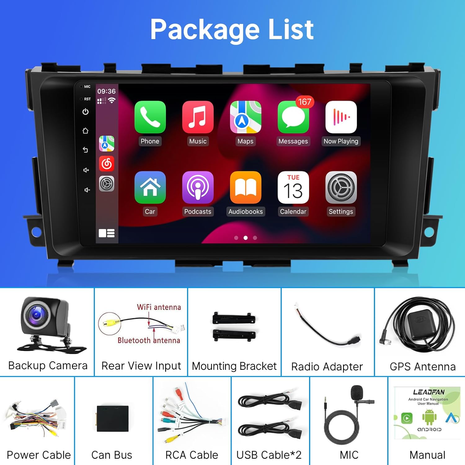 Diagram showing all components included in the Leadfan Carplay Radio package.