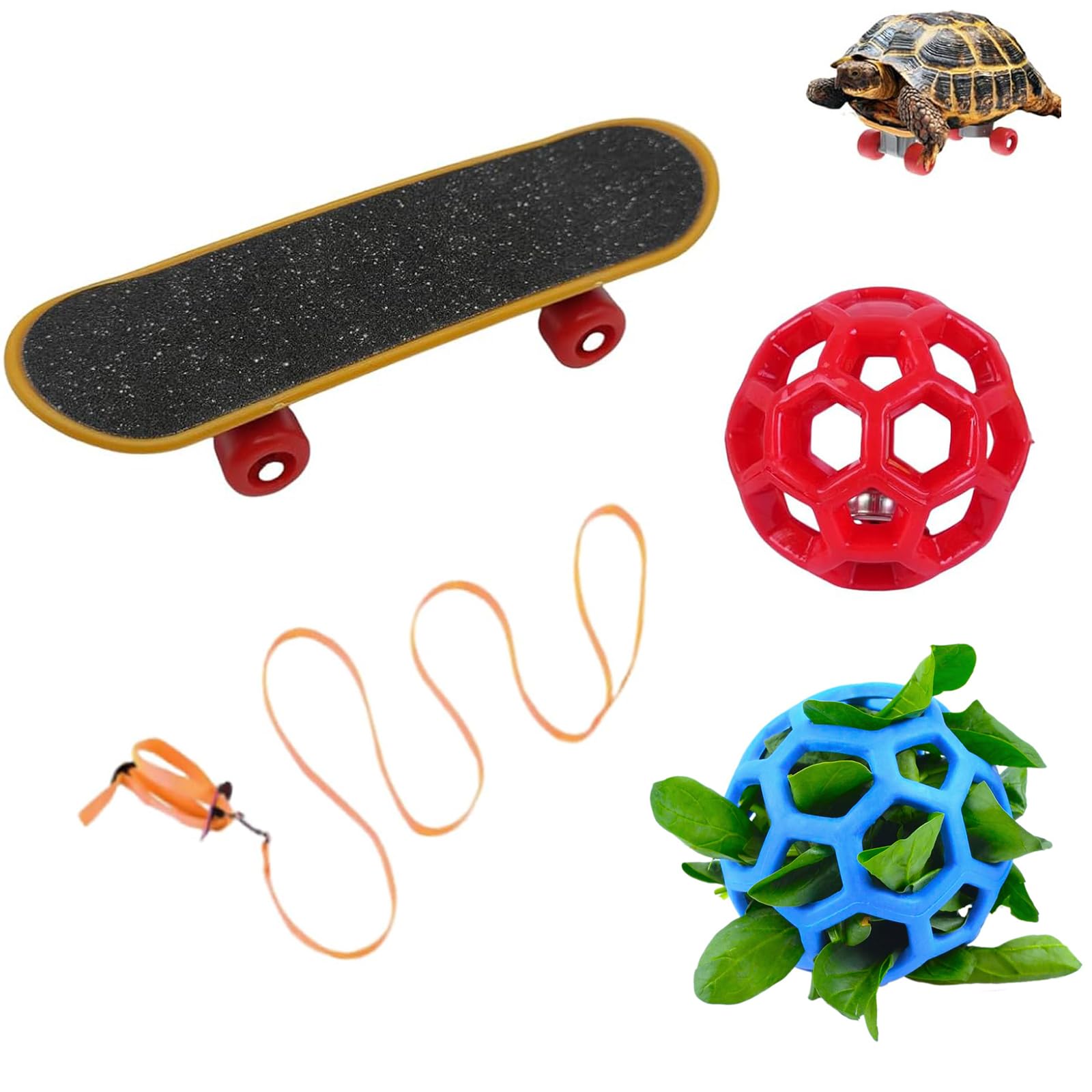GETJOY Tortoise Skateboard and Toys Set, 1 Skateboard with 2 Hollow Bell Balls, 5 Cm Feeding Balls and Leash, Mini Skateboard, Interactive Play for Pet Health and Exercise