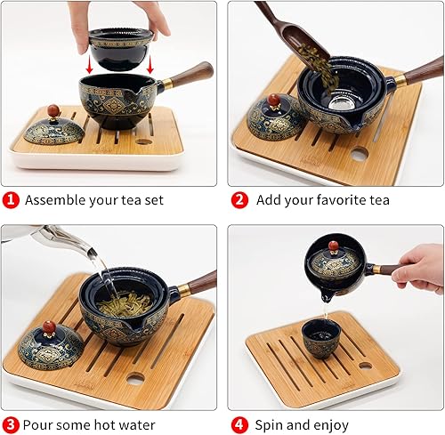 Miniatura 3 de LURRIER Juego de té chino de gongfu de porcelana, juego de tetera portátil con máquina de té de rotación 360 e infusor, bolsa de regalo portátil