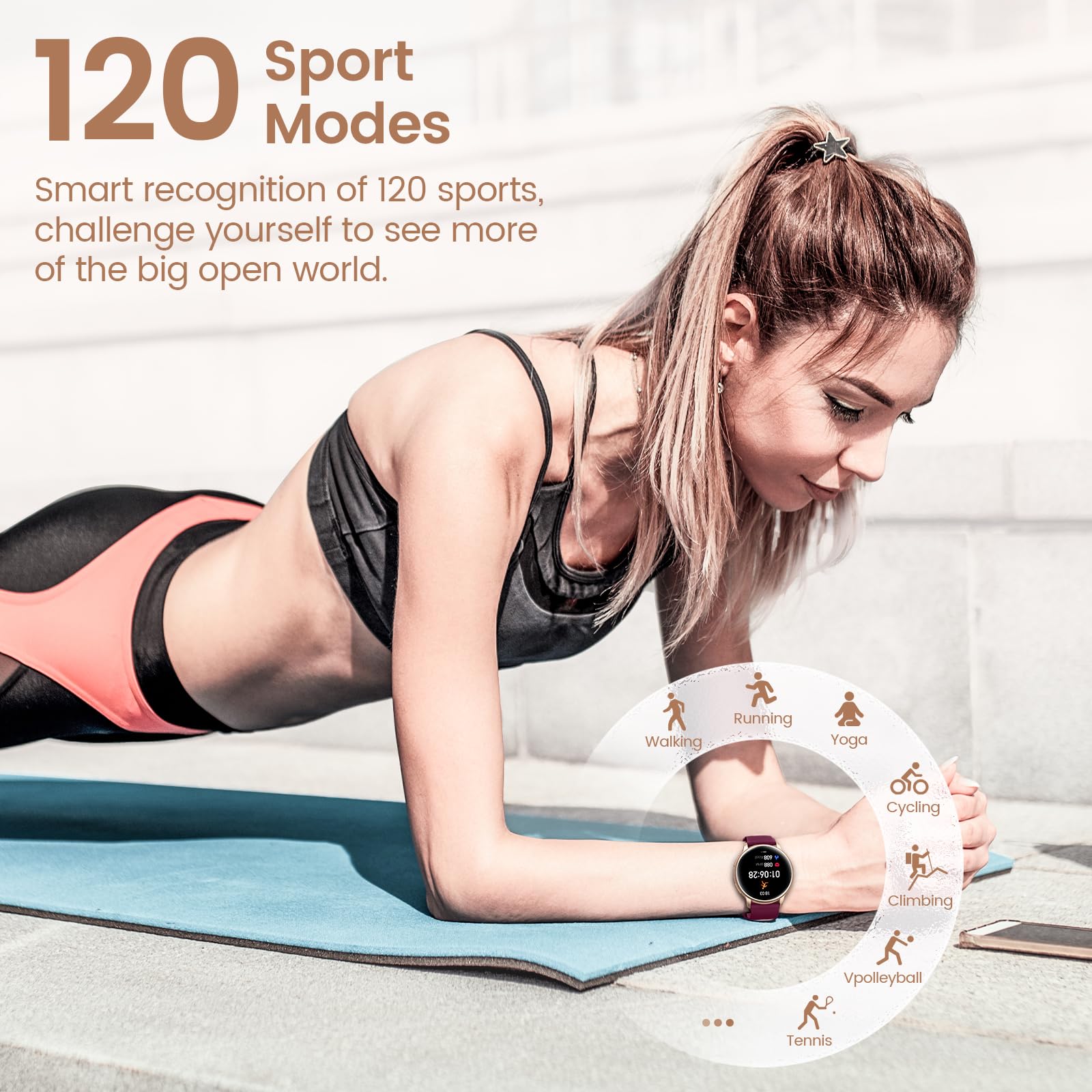 RUXINGX Smartwatch Damen 1.27" HD Touch Screen, SpO2 Pulsuhr Fitness Tracker IP68 Lila