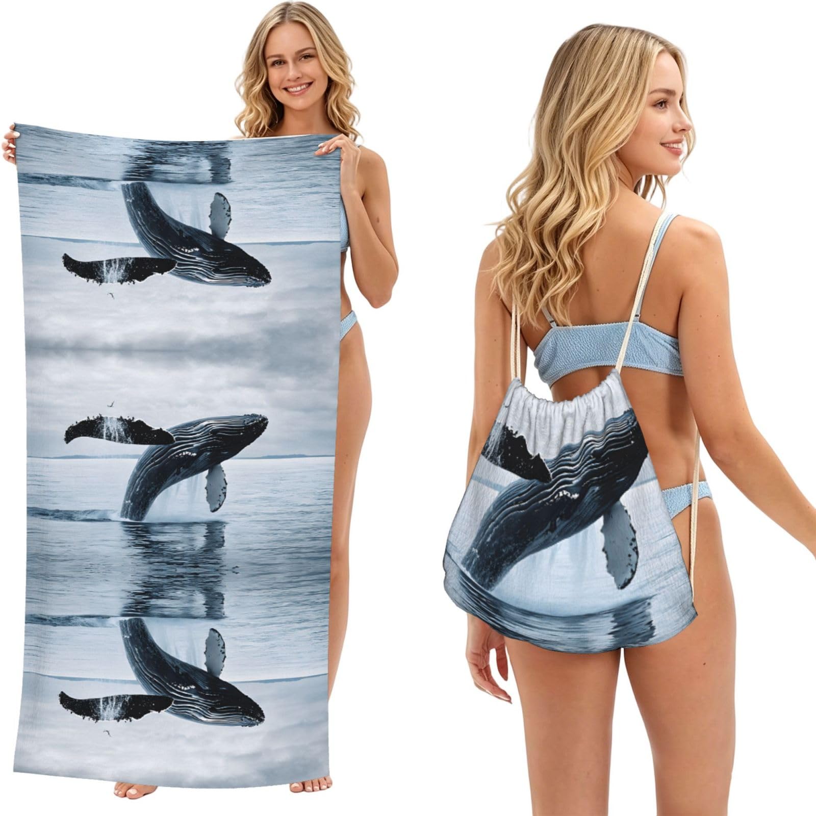 ESNAIUVCD Killer Whale Print Beach Towel For Adults,Towel With Drawstring Bag, Travel Pool Swimming Sports Shower Sand Free Quick Dry Bath Towel For Pool, Beach, Yoga- 180x60cm