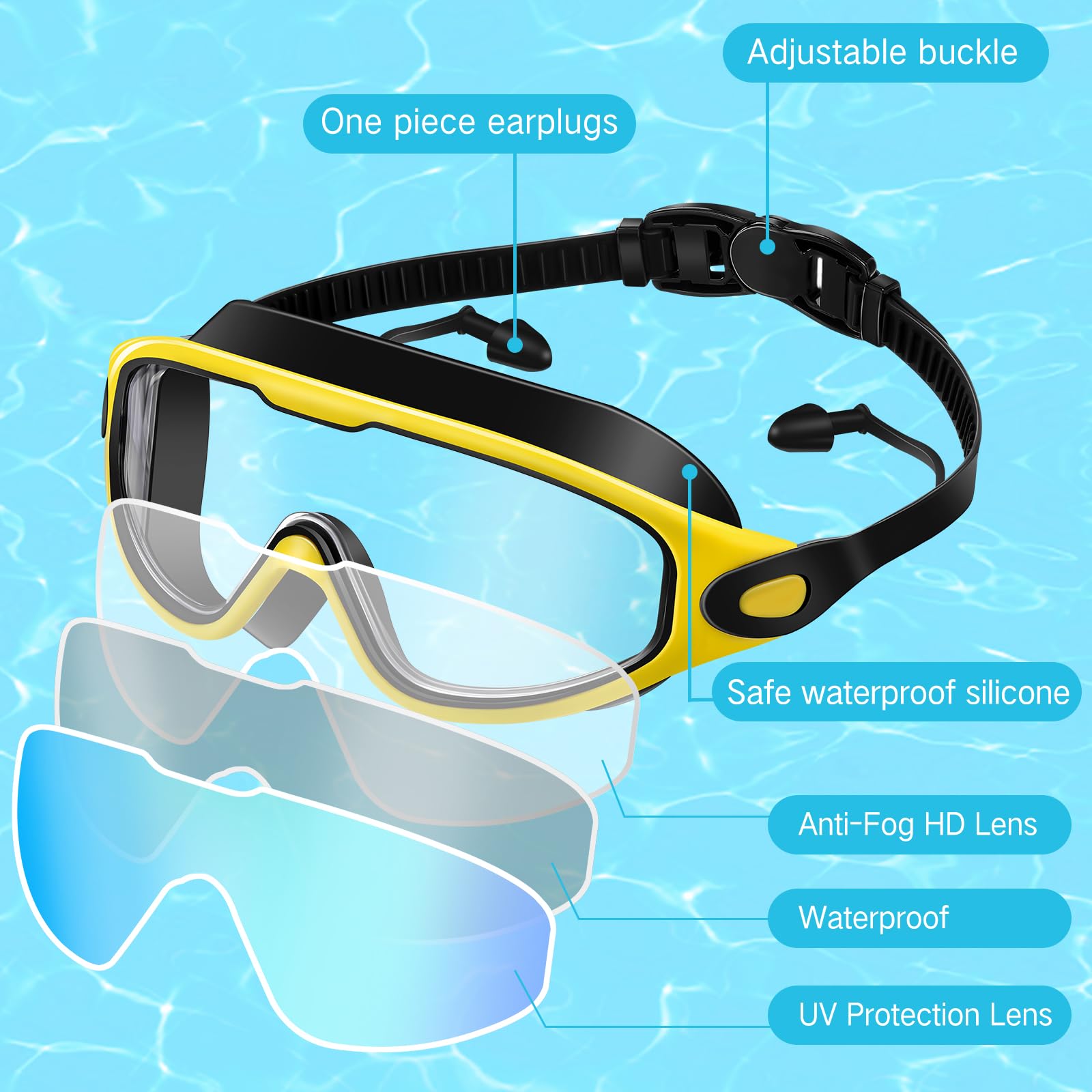 Kanayu 6 gafas de natación de visión amplia, sin fugas, antivaho, para adultos, con tapones para los oídos, clip de nariz para adultos, hombres y mujeres