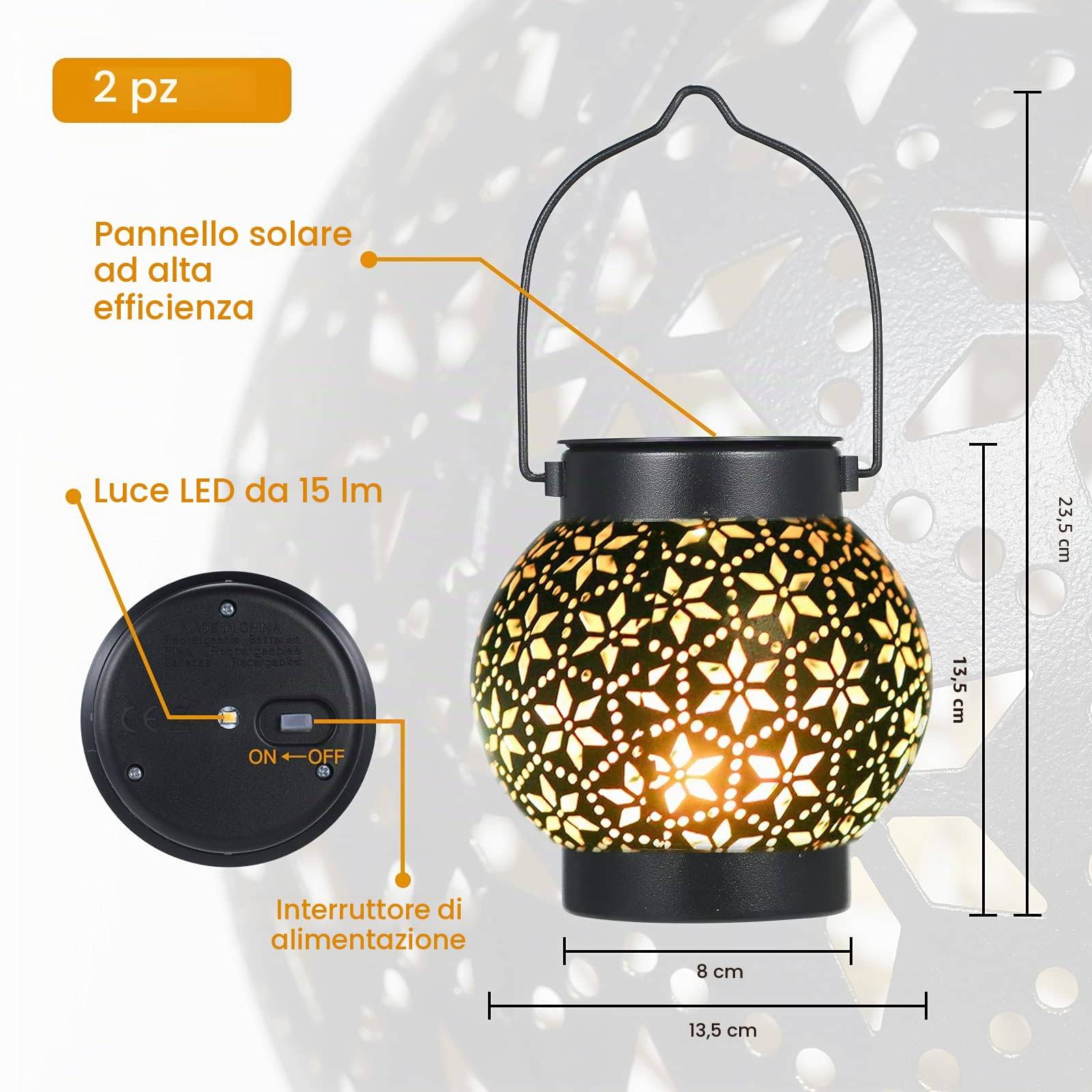 Lanterna solare per esterni, 2 pezzi, IP65, impermeabile, in metallo, per esterni, da appendere, da giardino, a LED, luce bianca calda, per esterni, balcone, Natale, colore nero
