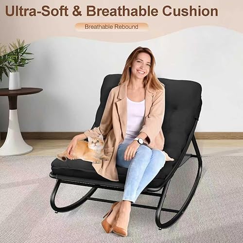 Miniatura 6 de Mecedora para exteriores e interiores, cómoda silla de patio, mecedora con otomana y marco de metal resistente, sillas de balcón con cojín grueso,