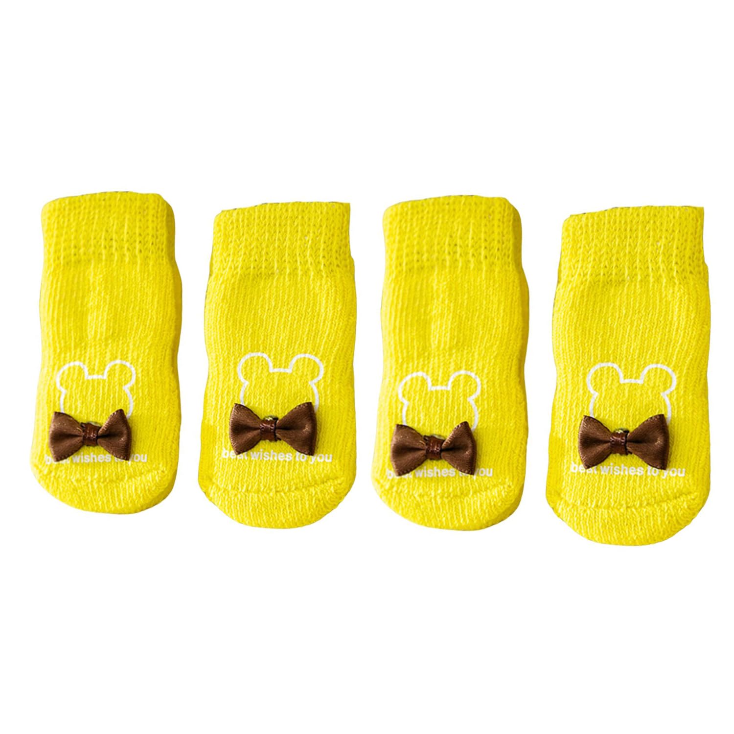 MeiAOBest 4PCS Pet Socks,Cute Knitting Anti-Slip Cat Dog Floor Socks Paw Protectors Cove for Indoor Outdoor Hot Pavement Hardwood Floor Protection_L(Bow Yellow)