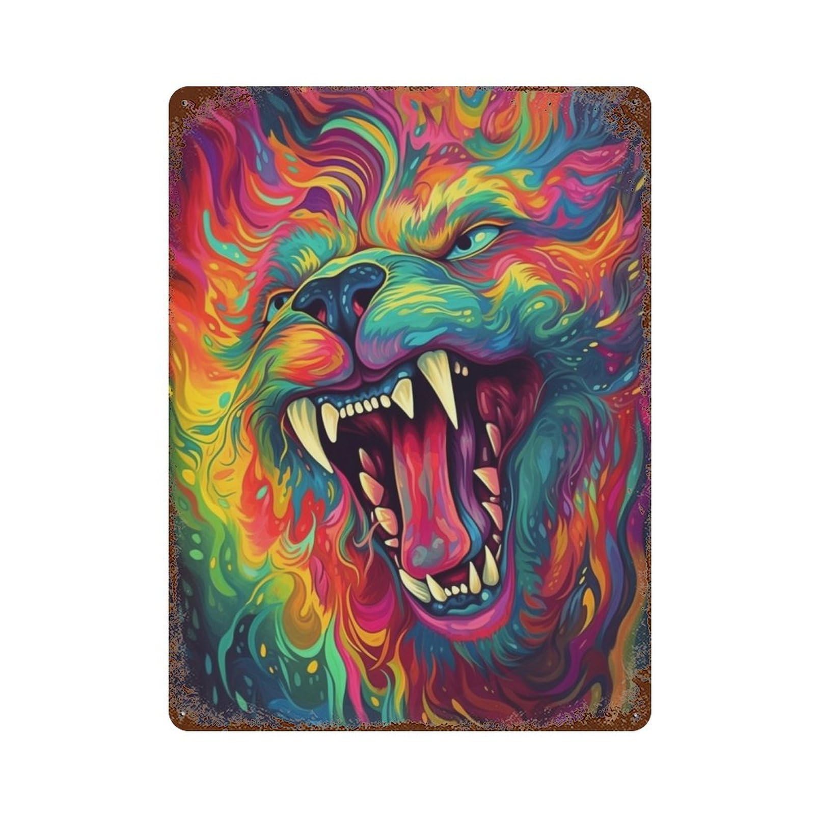 Colorful Roaring Lion Art Print Rust Effect Tin Sign 15.7"x11.8", Vintage Wall Decor for Pub, Kitchen And Man Cave Decor