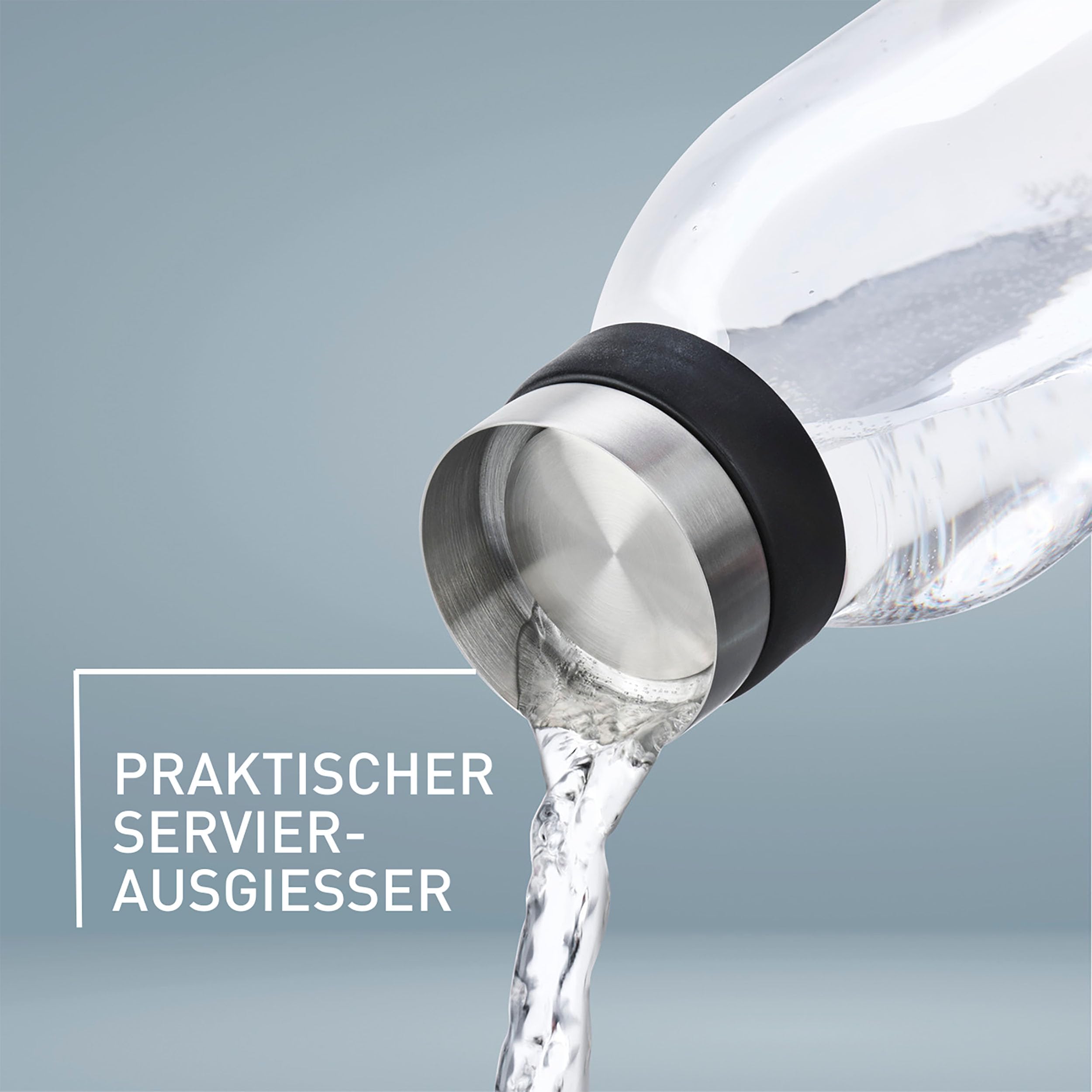Emsa Flow Bottle Karaffe 1,3 l, Glas/Edelstahl, Einsteckdeckel mit automatischer Öffnung, tropffreier Ausgießer, passend für alle Standard-Kühlschranktüren, N4160600
