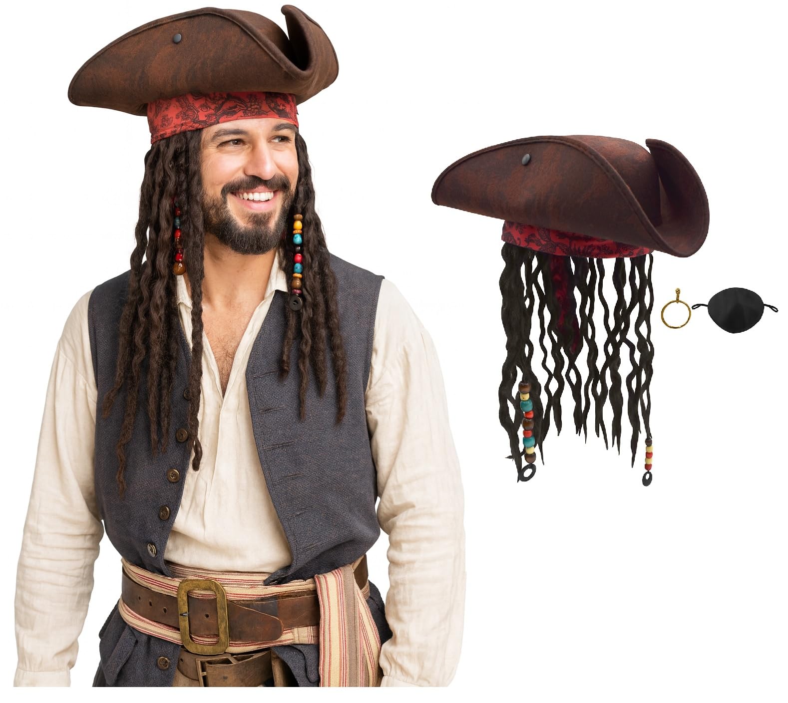 Nicky Bigs Novelties Adults Pirate Hat with Dreadlocks Hair Braids Eye Patch & Earring Premium Caribbean Buccaneer Tricorn Hat Pirate Costume Accessories Set For Men Adjustable Size Brown