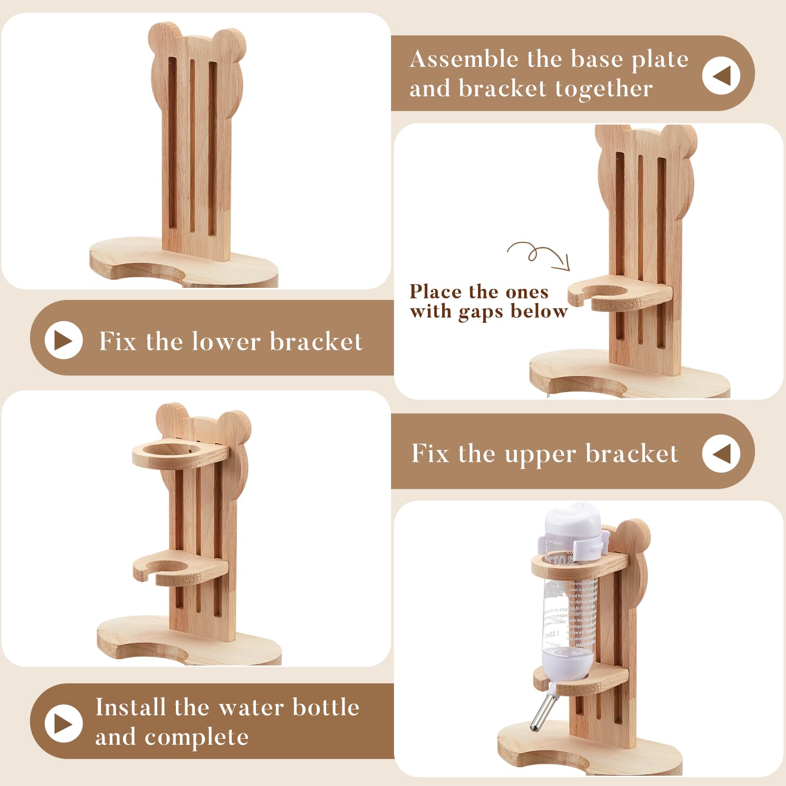 2 Pcs S, 7.9 Inch Wooden Hamster Wheels and Wood Hamster Water Bottle Set Guinea Pig Running Silent Exercise Wheels Small Animal Water Dispenser Stand Holder for Guinea Pig Gerbil - image 5