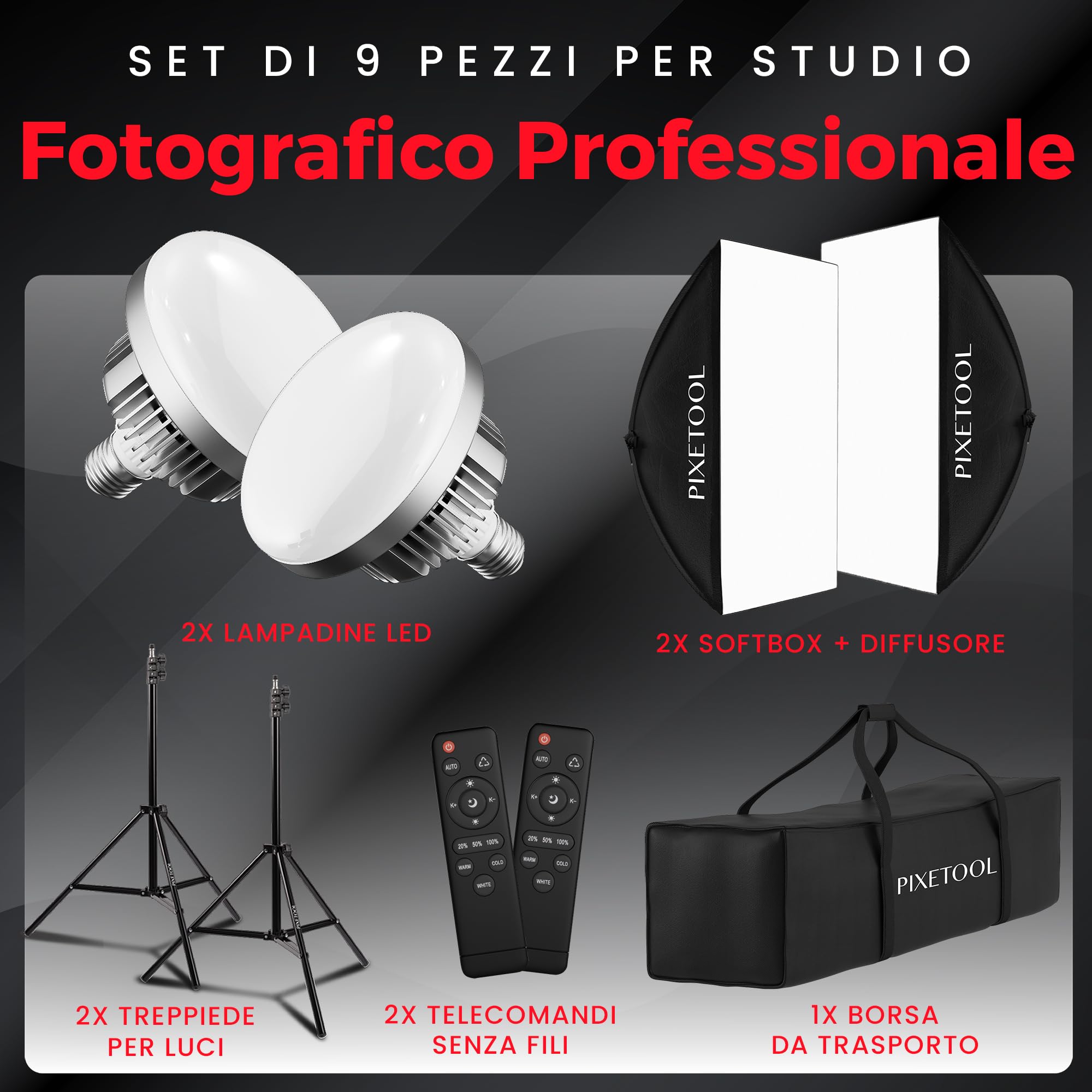 Set Softbox per Studio Fotografico - 2 Softbox 70x50 cm, 2 Luci a LED 4800 Lumen 3000-6000K - Luce Fotografica - Kit di Illuminazione – Lampada Fotografica