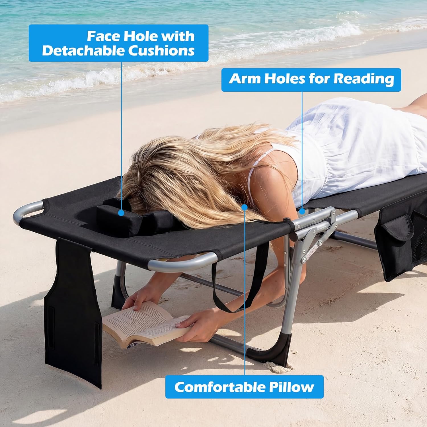 COSTWAY Tanning Chair with Face Hole, Folding Beach Lounge Chair with 4-Position Adjustable Backrest, Pillow & Side Pocket, Foldable Chaise Lounge Chair Outdoor for Sunbathing, Camping (1, Black)