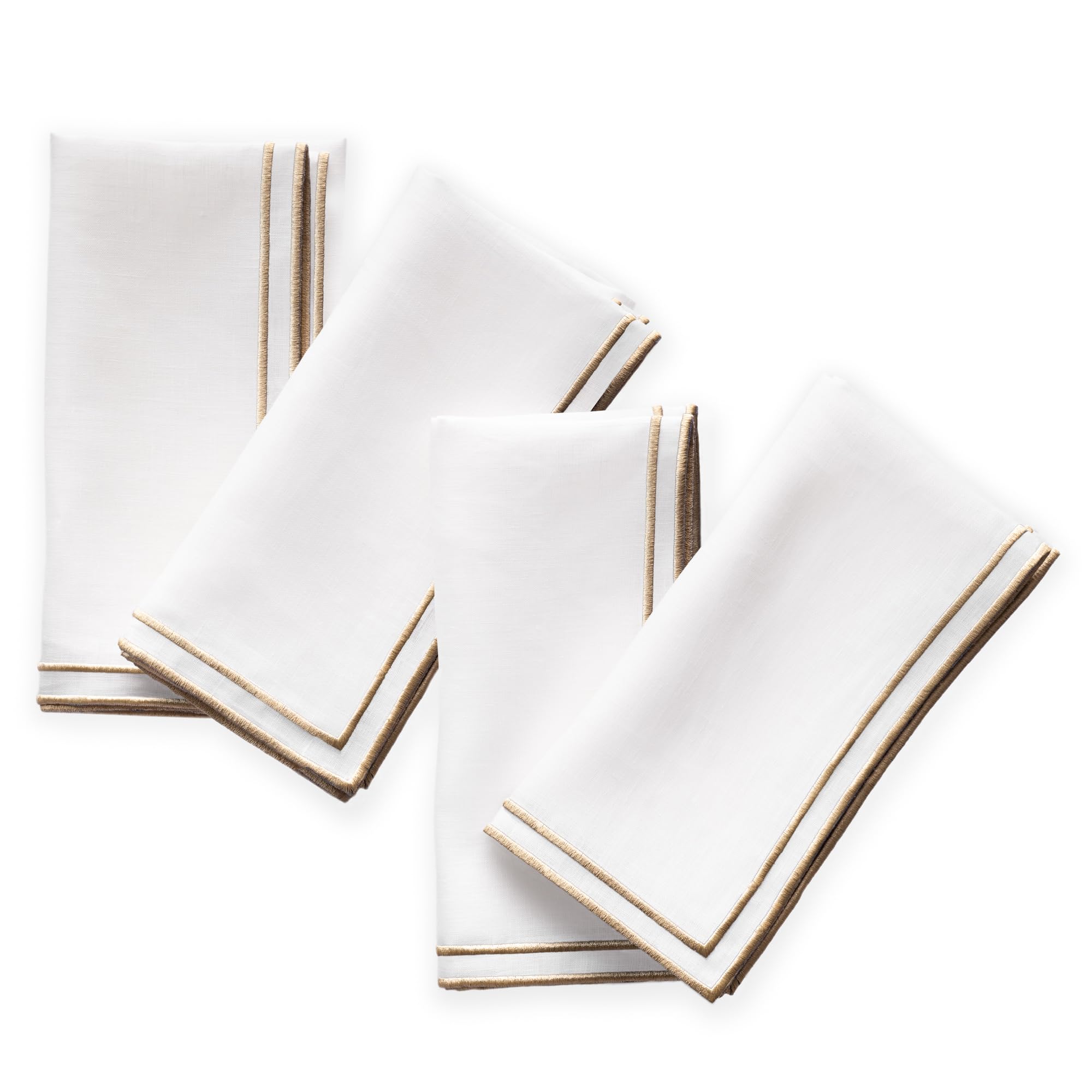 Leinenservietten, 4 Stück, 100 % reines Leinen, weiße Servietten mit gesticktem Goldrand, 50,8 x 50,8 cm, bestickte Servietten, waschbar, für Sommer, Hochzeitsdekoration