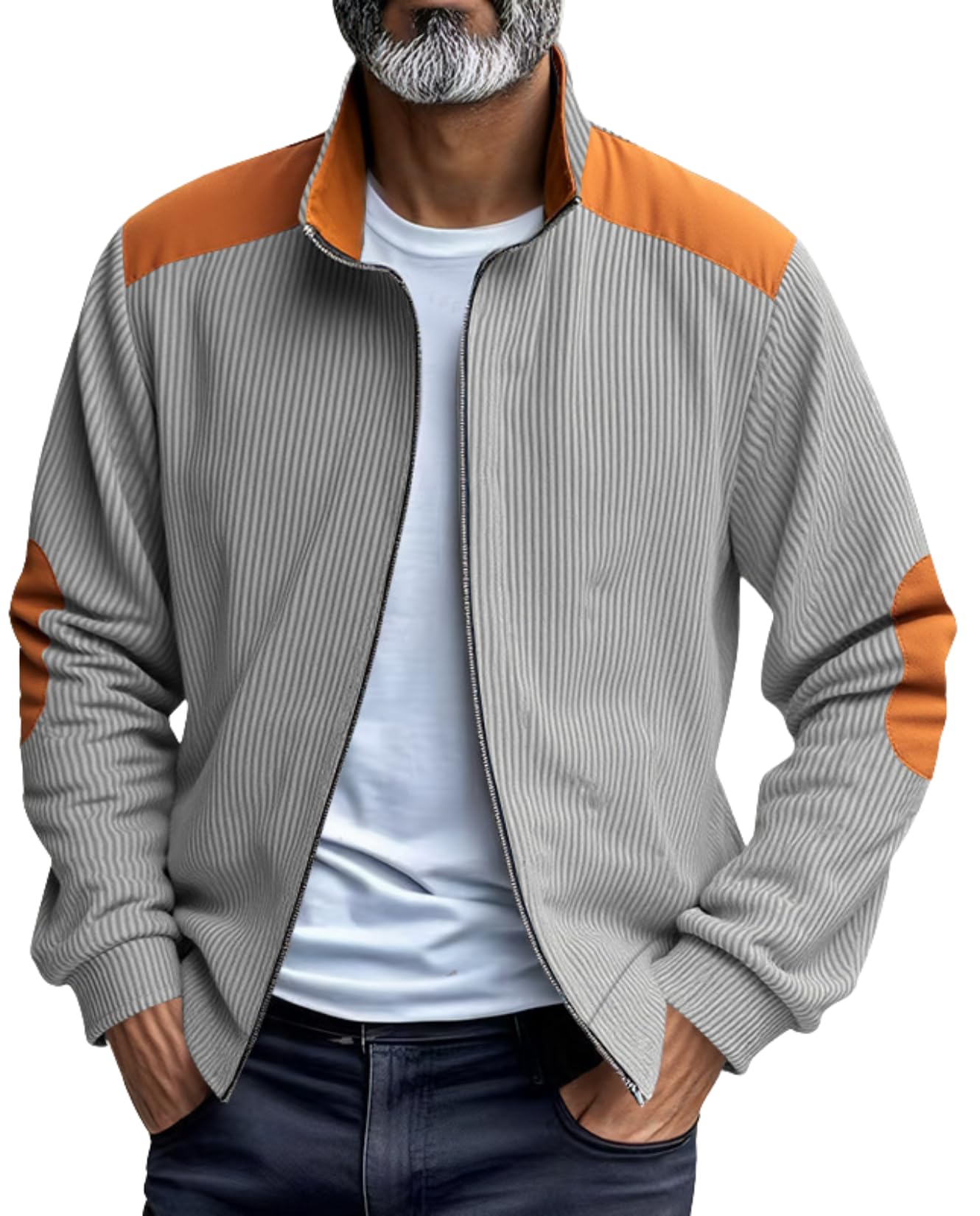 Mens Corduroy Jacket - Lightweight Retro Outerwear with Elbow Patches Stand Collar for Spring Fall