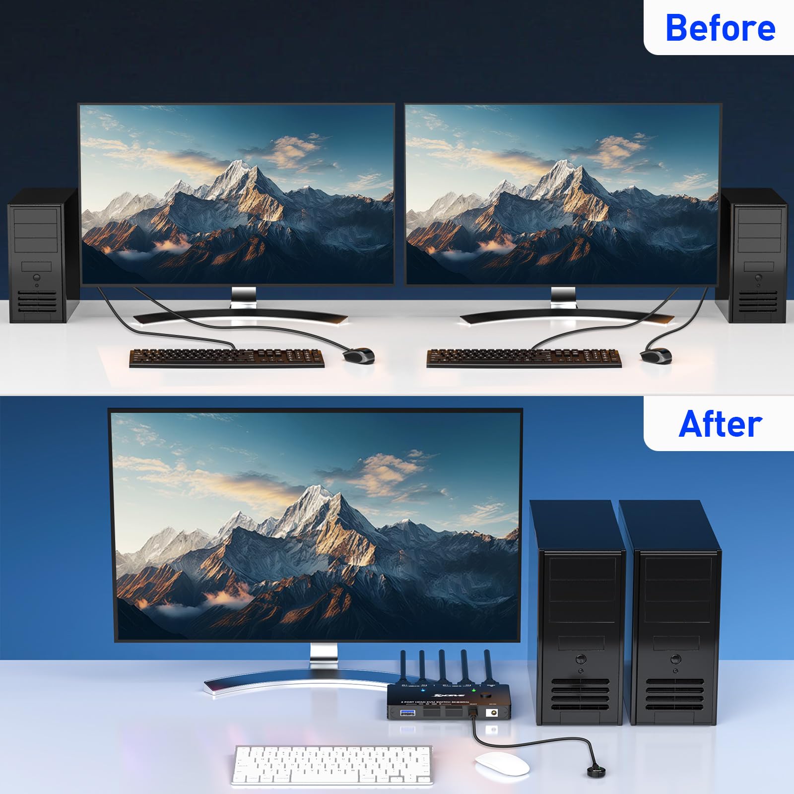 Przełącznik KVM 8K@60Hz 4K@120Hz, ESKEVE HDMI KVM Switch dla 2 komputerów dzielących 1 monitor i 3 urządzenia USB3.0, przewodowy pilot zdalnego sterowania i kabel USB w zestawie
