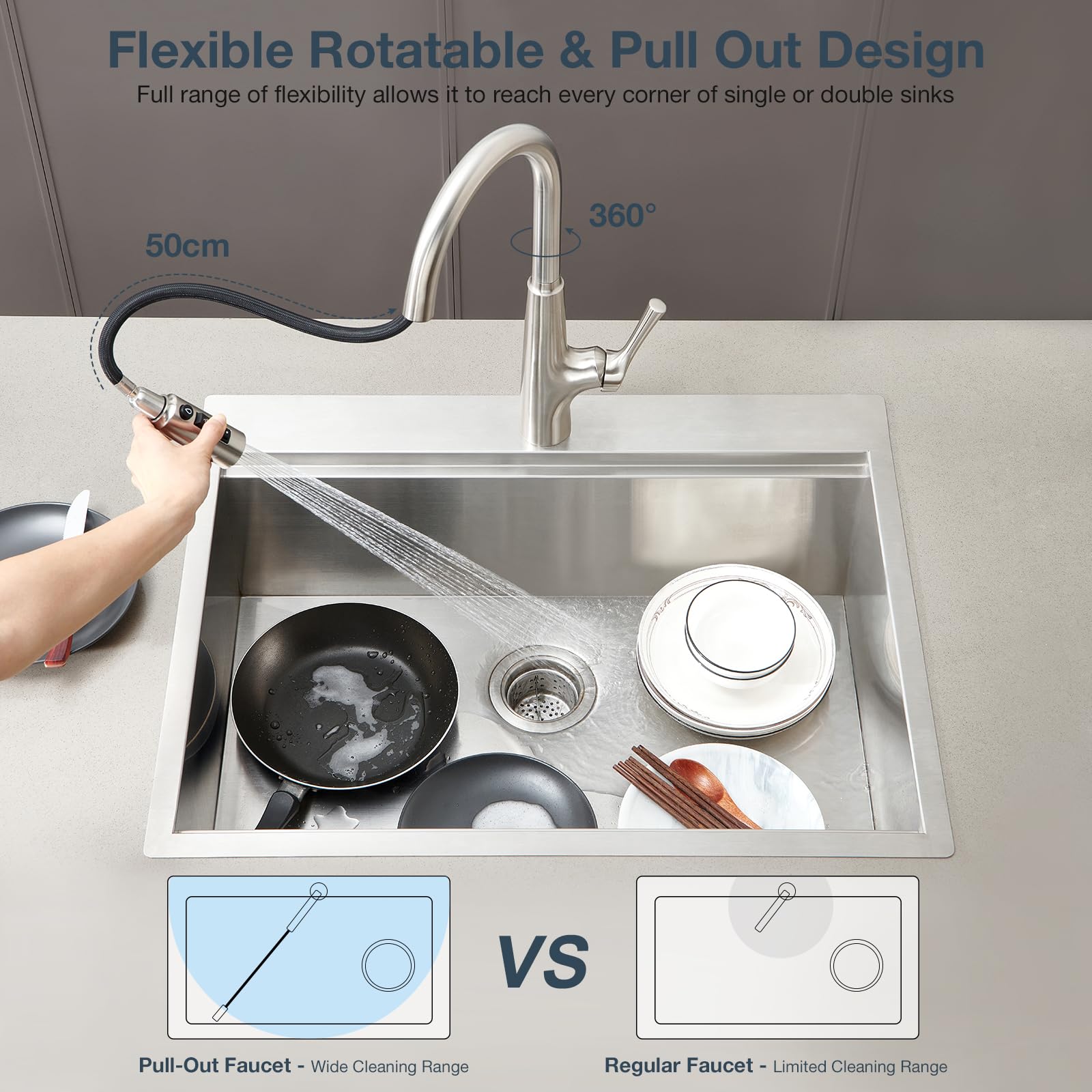 Grifo de Cocina de 3 Vías para Fregadero con Ducha Extensible, Mezclador Monomando para Filtro de Agua Potable o Sistemas de Ósmosis, cepillado