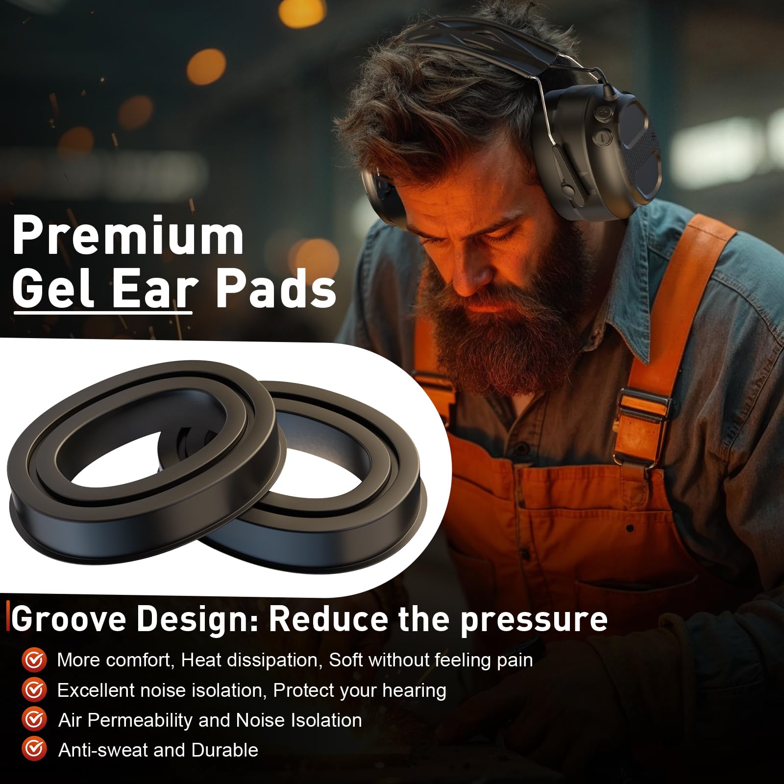 Almohadillas de gel con Bluetooth 5.4 con protección auditiva con batería recargable, 120 horas de reproducción, SNR 30 dB, protección auditiva para cortar el césped, talleres, soplar nieve