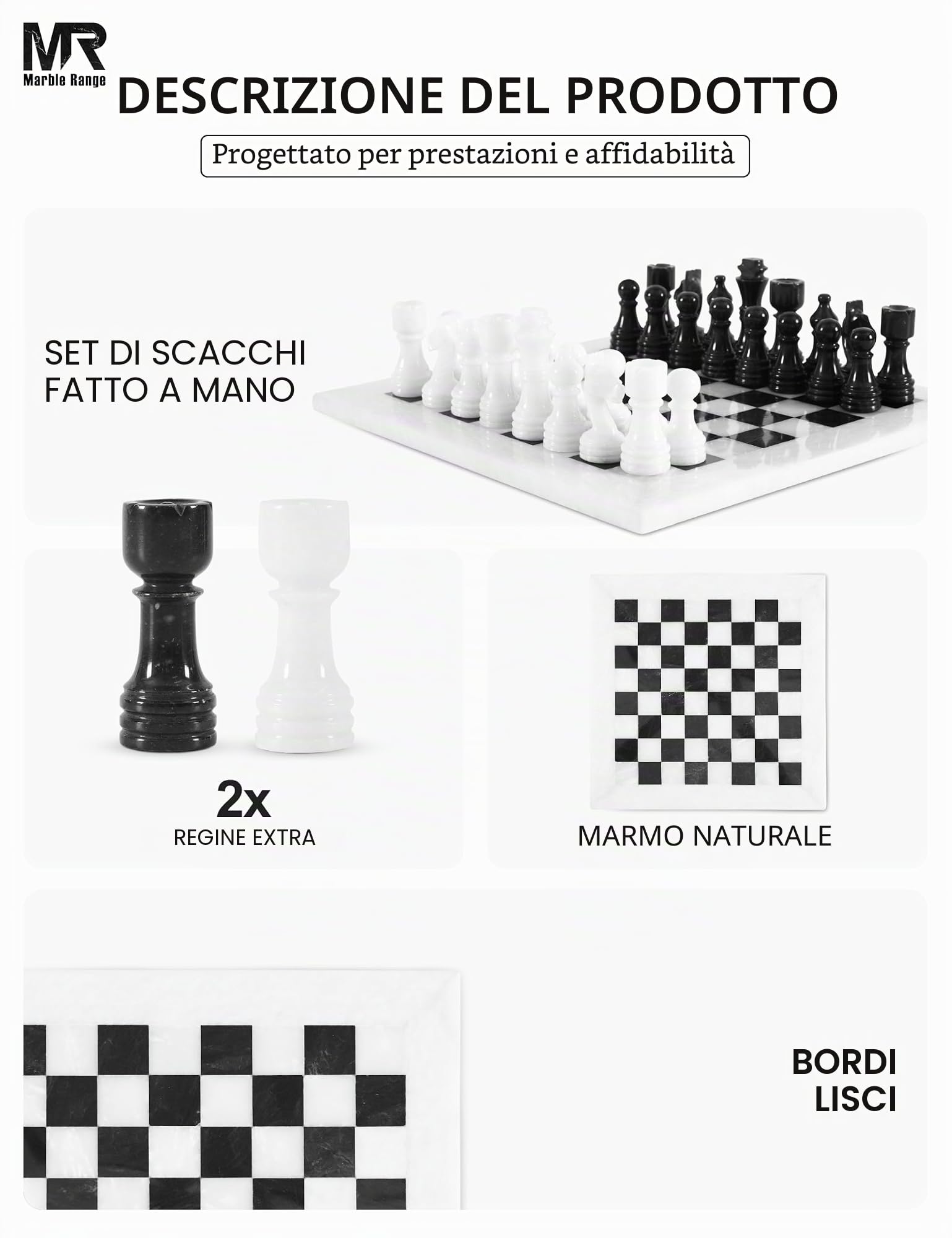 Set di scacchi in marmo per adulti, gioco da tavolo fatto a mano da 12 pollici con 32 pezzi degli scacchi, 2 regine extra e scatola portaoggetti, regalo per la casa (White & Black)
