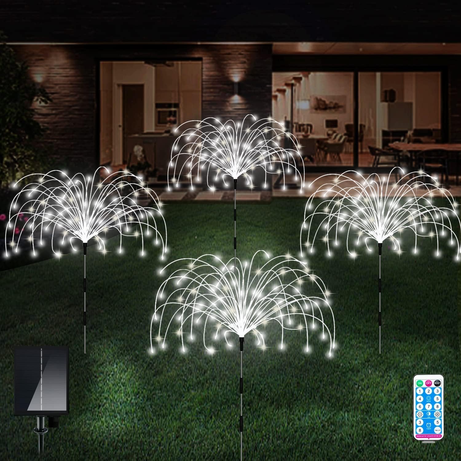 Solar Garden Fairy Lights 4 Pack 480 LED Outdoor Firework Landscape Path String Lights Waterproof 8 Lighting Modes Remote Control for Backyard Christmas Party Decorative (White) [Energy Class F]