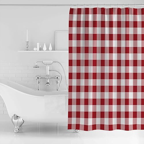Miniatura 3 de Juego de cortinas de ducha a cuadros rojos, cortina de ducha lavable de 72 x 84 pulgadas con 12 ganchos, cortinas de ducha de tela impermeable a
