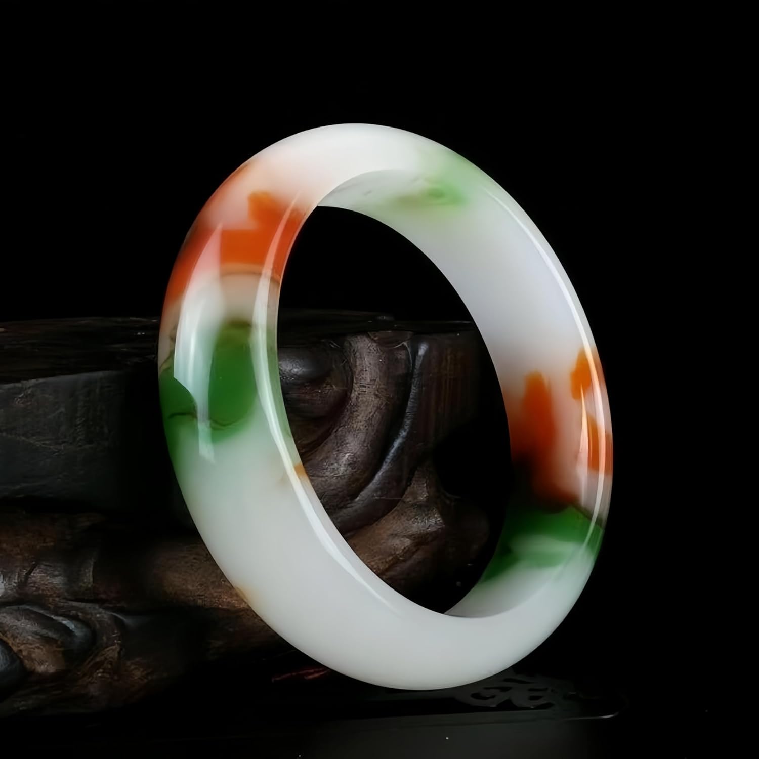 Jade Stone Bangle Bracelet -Round Multi-Polished Design with Box, Feng Shui Good Luck Accessory, Positive Energy Gift for Women Men