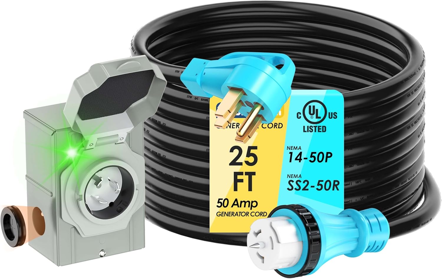UL Listed 50 Amp 25FT Generator Cord and Power Inlet Box Combo Kit NEMA 14-50P Male to SS2-50R STW 6/3+8/1 AWG 125/250V Twist Locking with Inlet Box for Generator to House