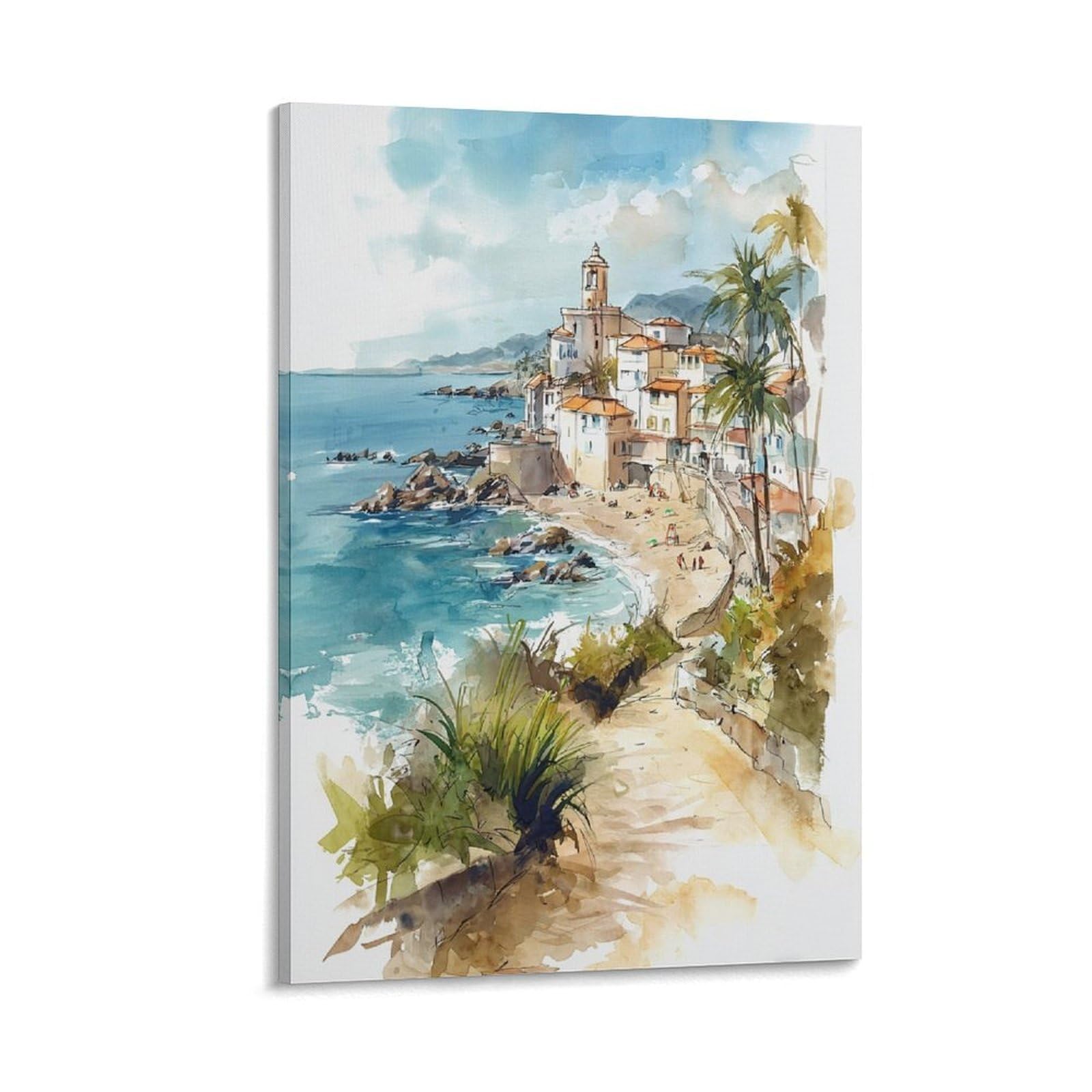 Cnaheiz Frame-Style San Juan Puerto Rico Watercolor Painting_ Tropical Travel Art 20X30inch(50X75cm) Vintage Watercolor Canvas Art