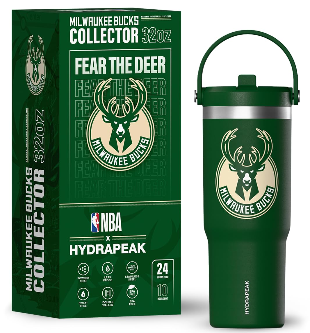 Hydrapeak x NBA Officially Licensed Milwaukee Bucks 32oz Nomad Stainless Steel Tumbler with Handle and Straw Lid, Leakproof Water Bottle in Limited