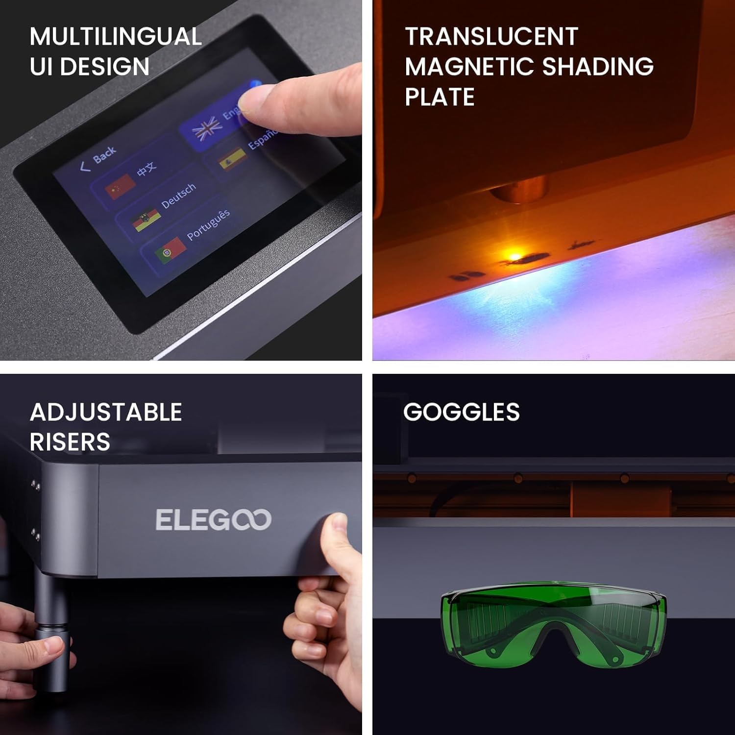 Safety features of ELEGOO PHECDA including goggles and magnetic shading plate