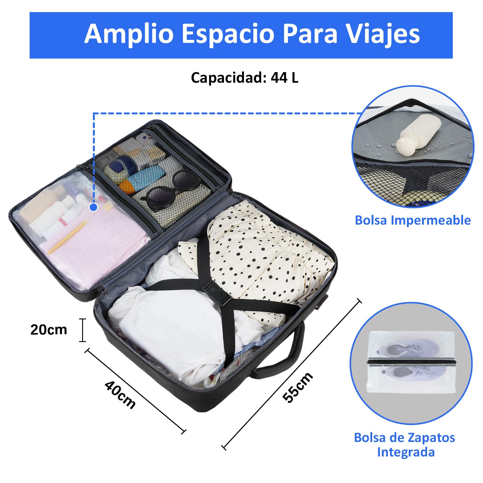Taygeer Mochila Cabina 55x40x20, Mochila Viaje Cabina Equipaje de Mano | Bolsa para Zapatos Compartimento para Ordenador Portatil Multifuncional Impermeable para Negocios, Viajar, Trabajo