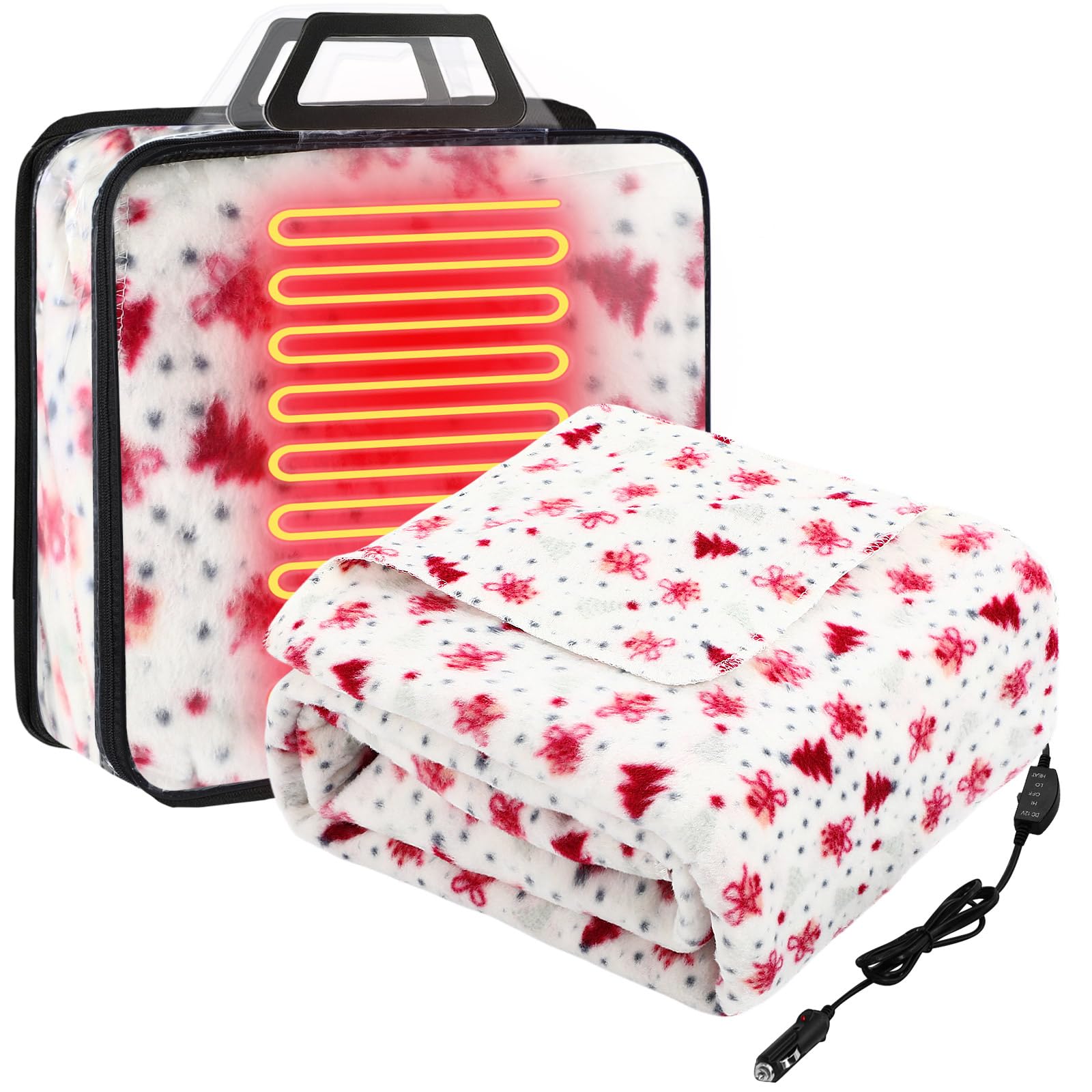 Tuanse 58x43 Inches 12v Heated Car Blanket Plug in, Red, Christmas Tree