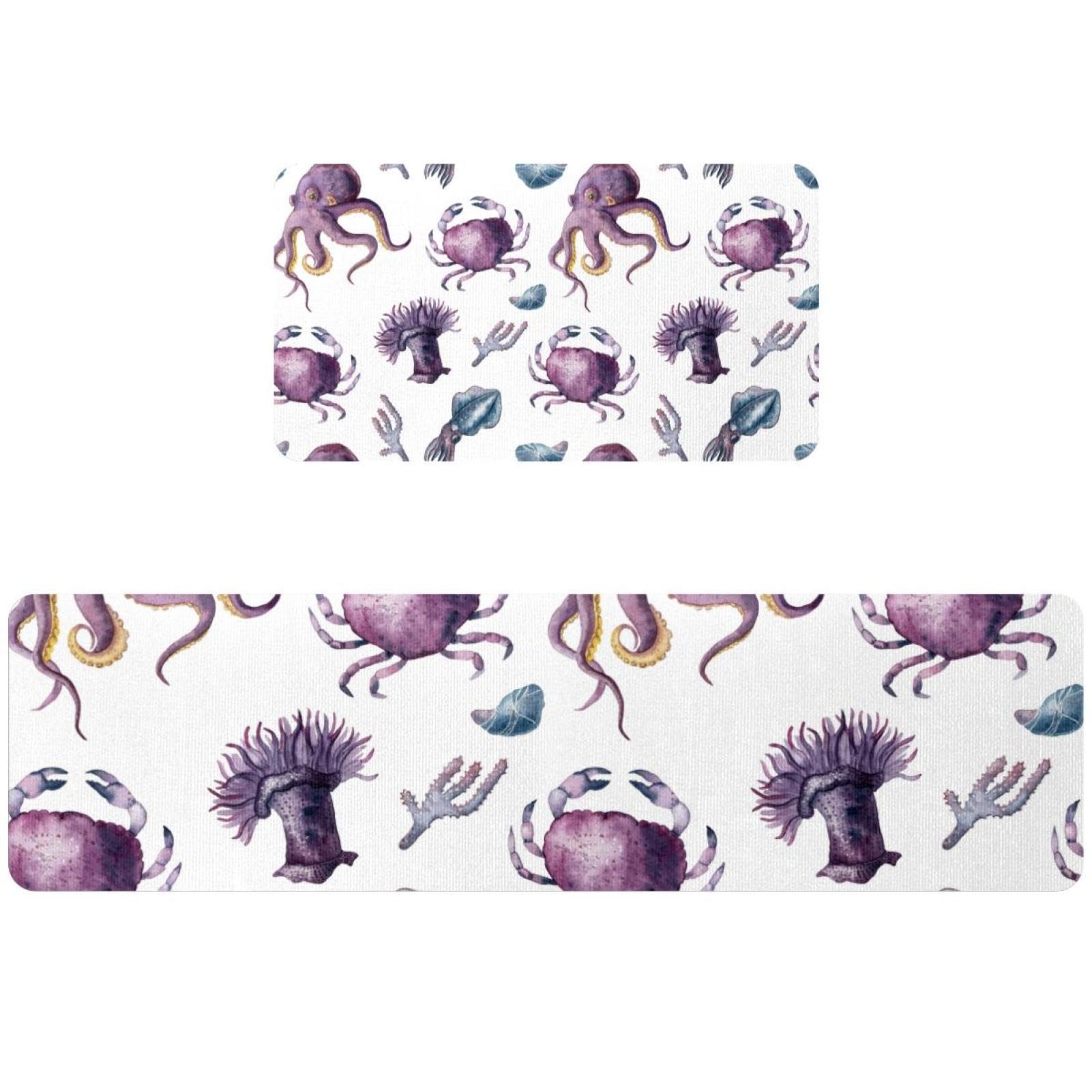 Lot de 2 tapis de cuisine antidérapants et lavables motif pieuvre et crabe pour couloir