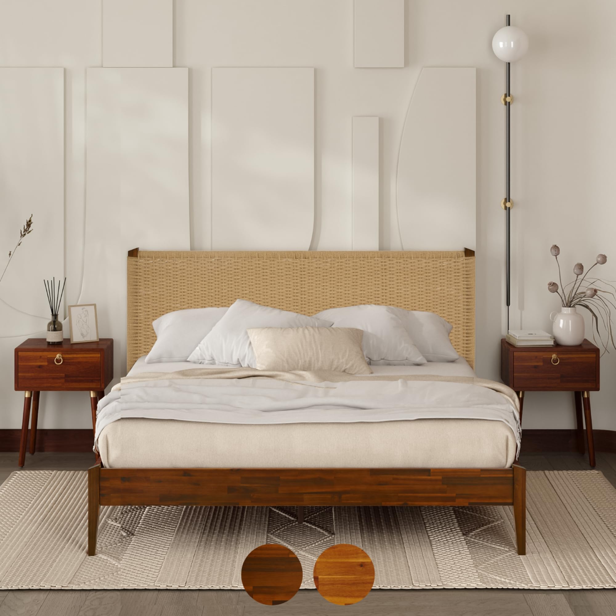 Bme Selina Wood Platform Bed Frame - Handcrafted Paper Cord Unique Headboard - No Box Spring Needed - 12 Strong Wood Slats Support - Easy Assembly - Queen, Dark Chocolate