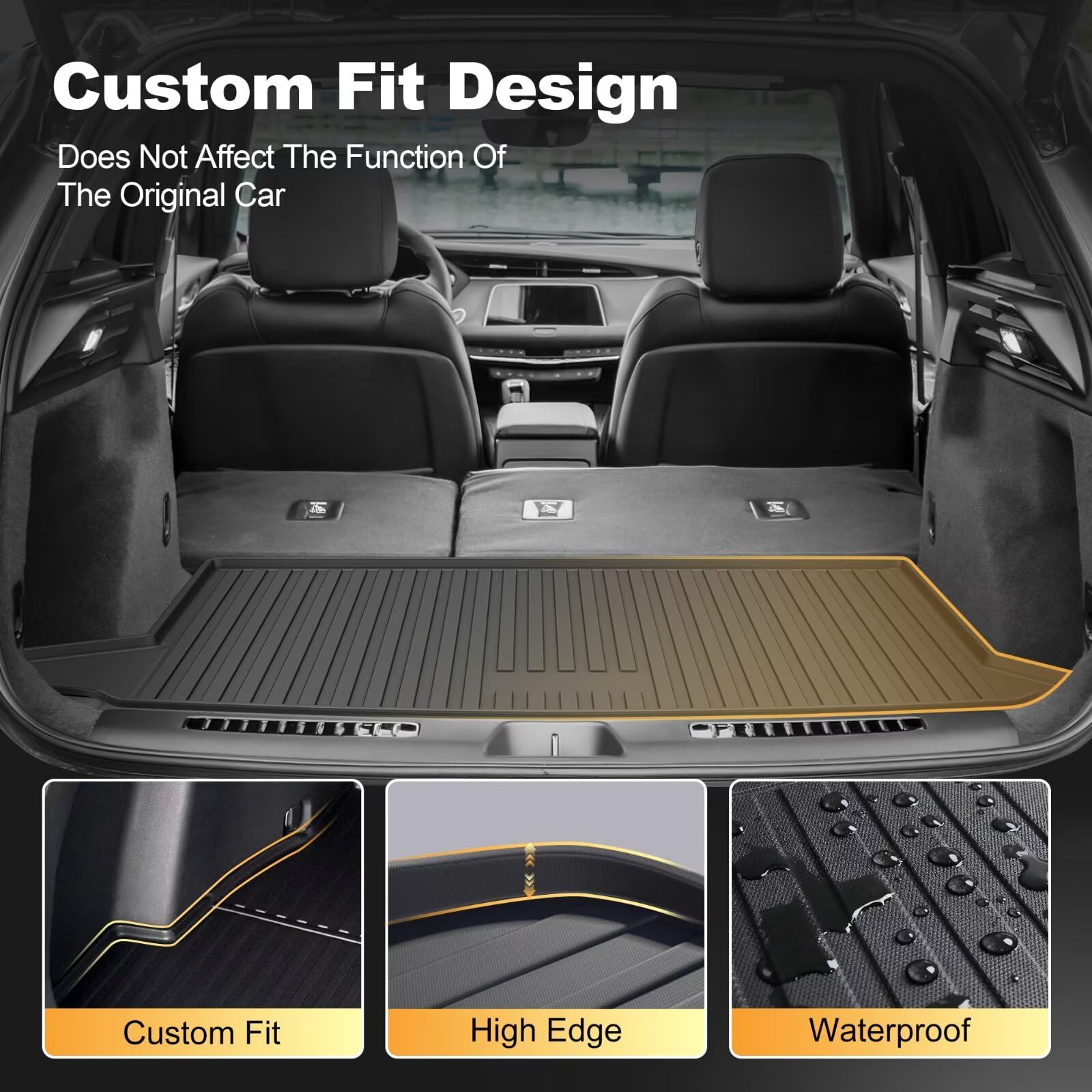 Allwetter-Cargo-Einlage für Cadillac, 2. Reihe, 3D, wasserdicht, langlebig, geruchlos, Kofferraumwanne für Cadillac XT4, 2019–2022, Schwarz