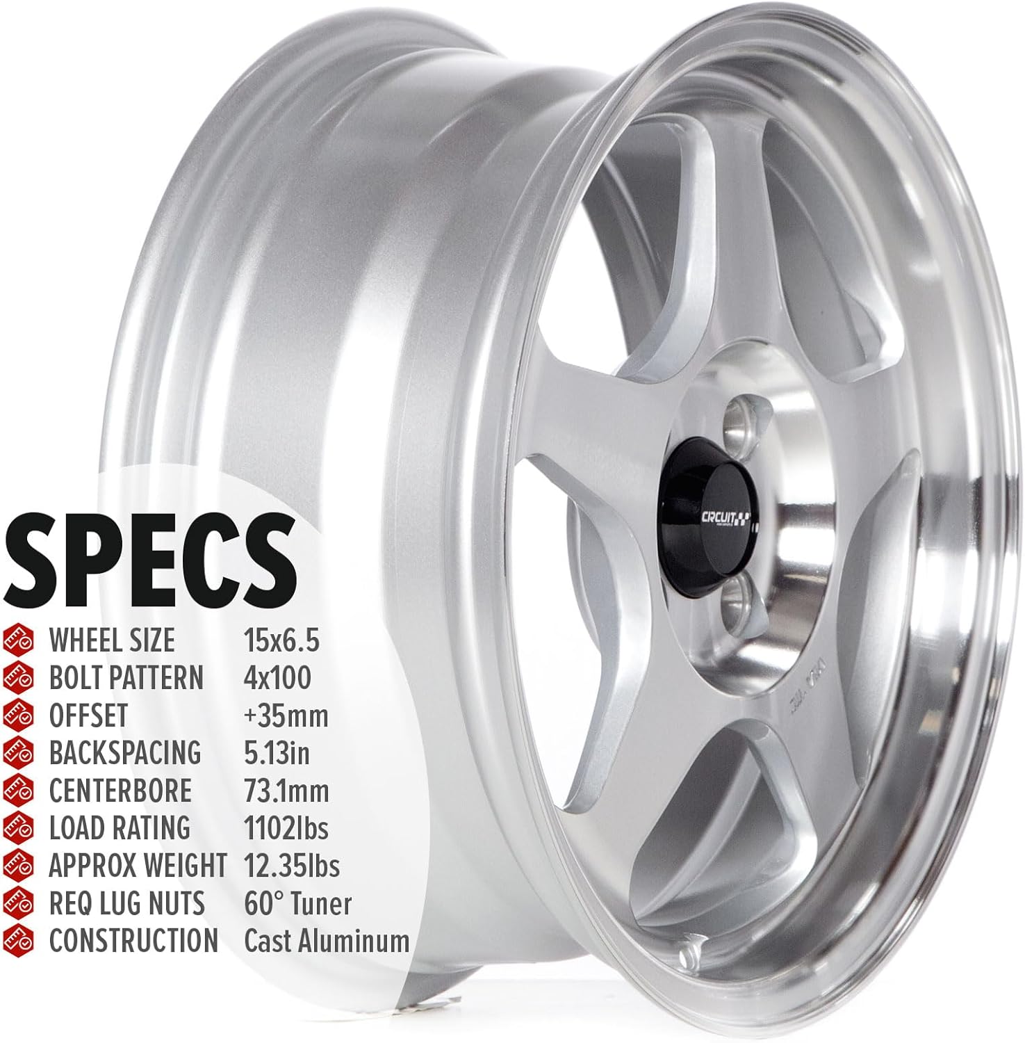 Circuit Performance CP22 15×6.5 Machined Silver 4×100 [+35mm] Wheels Spoon Style Rims compatible with Honda Civic EK EG, Acura Integra DC2, BMW E30, Mazda Miata