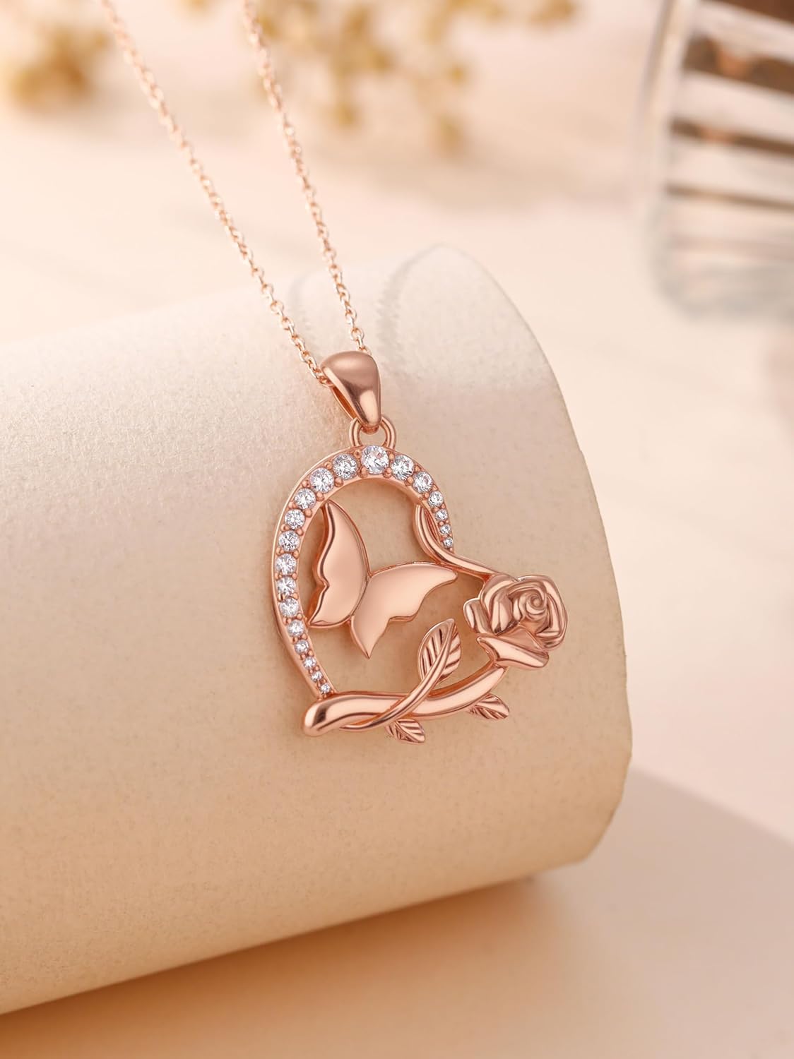 Rose Flower Necklace Butterfly Heart Rose Gold Pendant Necklace Birthday Jewelry Christmas Gifts for Her Wife Mom Girlfriend - Image 2
