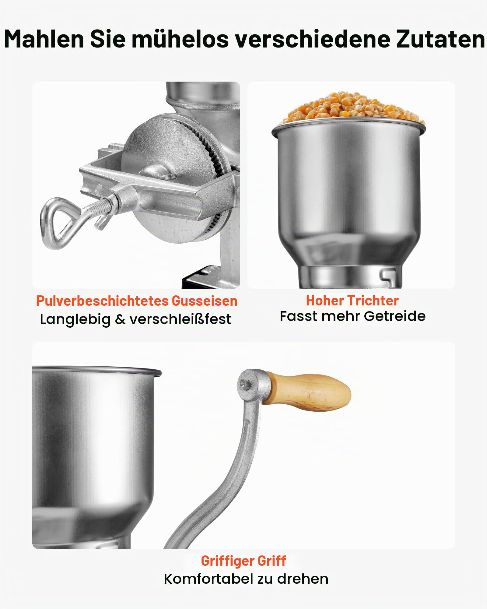 VEVOR Getreidemühle Manuell aus Gusseisen, Handkurbel Kornmühle mit Hohem Trichter & Stabiler Tischklemme, Malzmühle Kaffeemühle Gewürzmühle für Kaffeebohnen Gewürze Weizen Mais Nüsse, Küchenhelfer