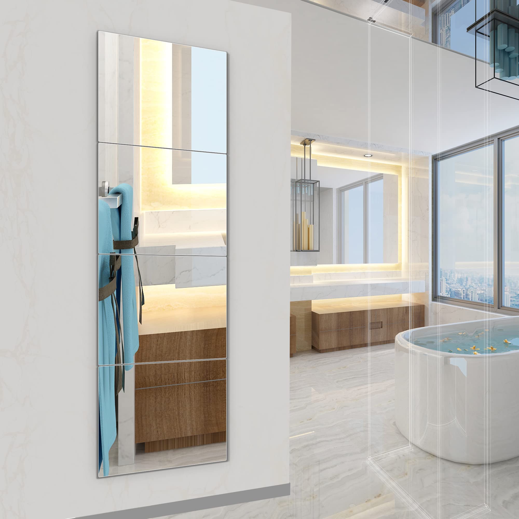 Piastrelle a specchio da parete infrangibili, realizzate in plexiglass acrilico infrangibile, specchi lunghi per camera da letto, armadio, porta, allenamento per casa e palestra (40,6 x 40,6