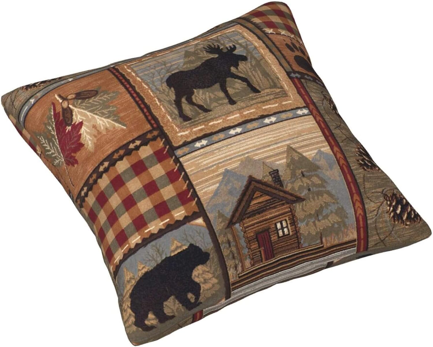 Set of 4 Square 18x18 inch Retro Brown Throw PillowCovers Rustic Lodge Bear Moose Decorative Throw Pillowcase for Home Sofa Soft Velvet Cushion Cases (45x45 cm) House Cabin Pine Nut
