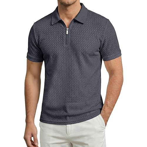 Hollow Polo for Men, Textured 1/4 Zip Short Sleeve, Trendy Vintage Casual Top for Summer and Golf