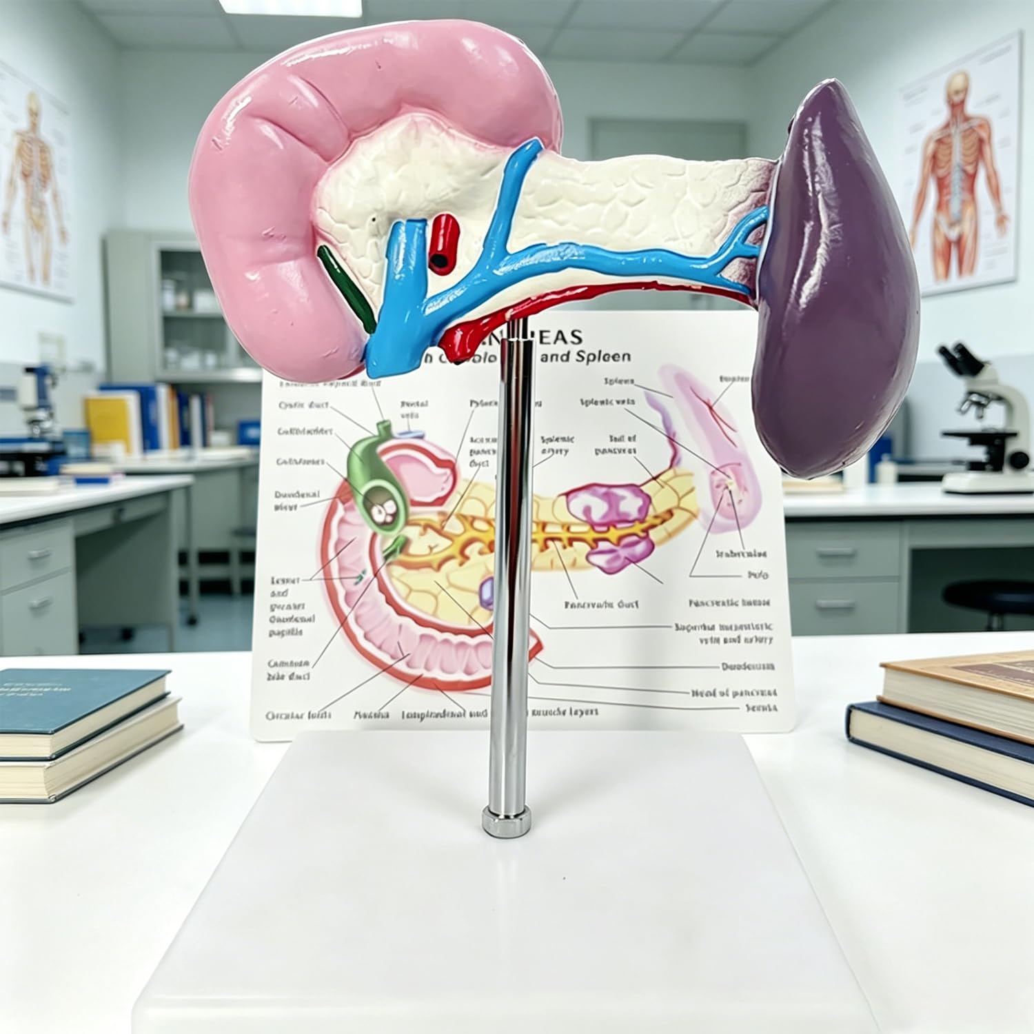 OSPSHPG Human Spleen Anatomy Model, with Gallbladder and Spleen, English Back Card, Duodenum Celiac Trunk Display, for Medical Teaching